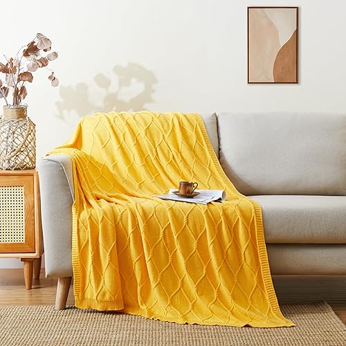 Manta de punto trenzado amarillo 100% algodón, 60 x 80 pulgadas, manta decorativa de gran tamaño para cama, sofá