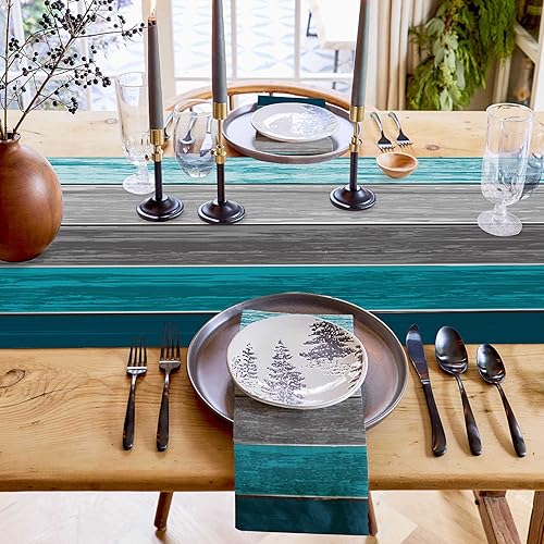 Miniatura 328 de Camino de mesa de algodón y lino estilo granja rústico retro, textura de madera de granero, color degradado marrón y gris, antideslizante,