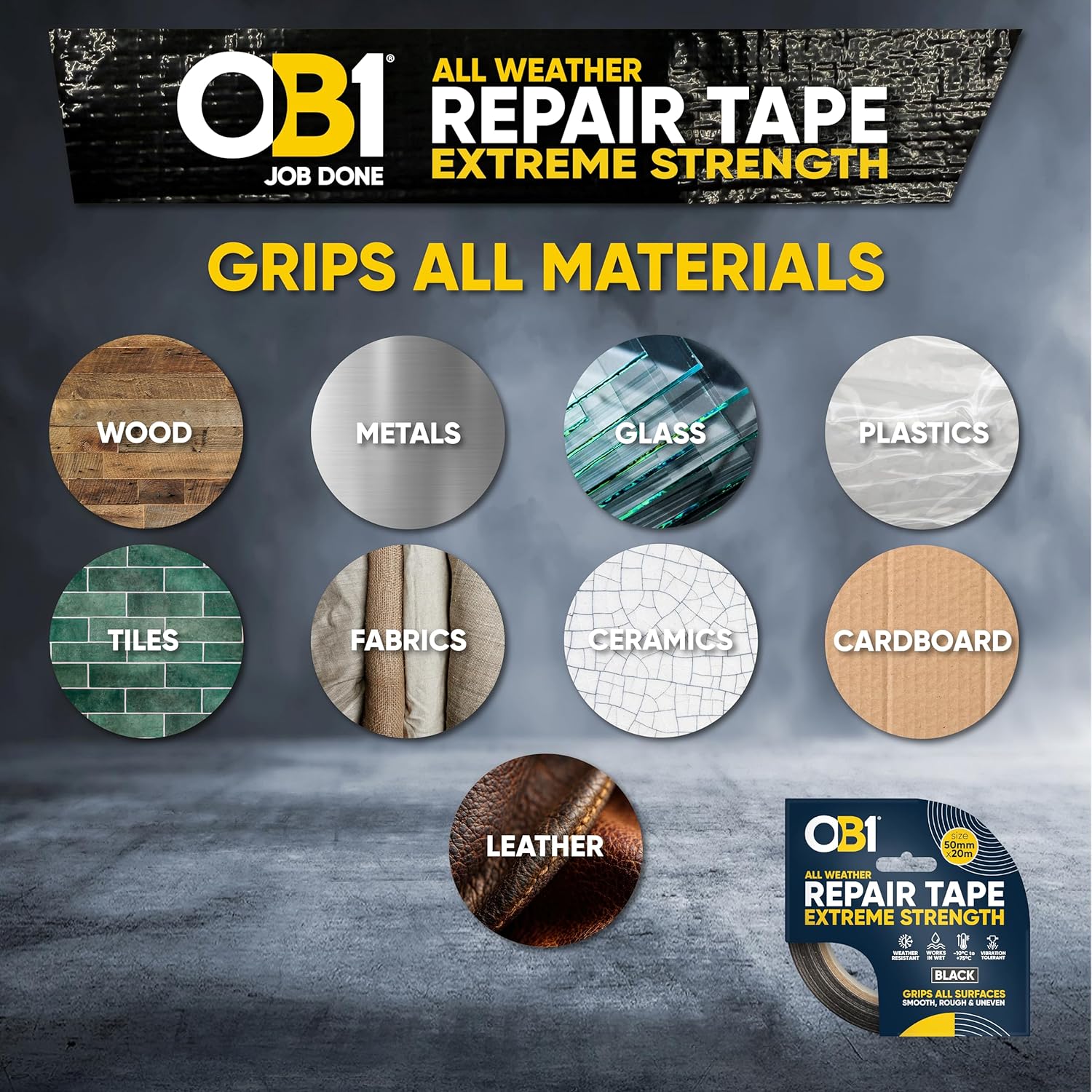 OB1 Black All Weather Repair Tape Extreme Strength - Ultra Strong Waterproof Duct Tape - Maximum Bond Strength - Heat, Water & UV Resistant - Indoor & Outdoor Use - 50mm x 20m Roll