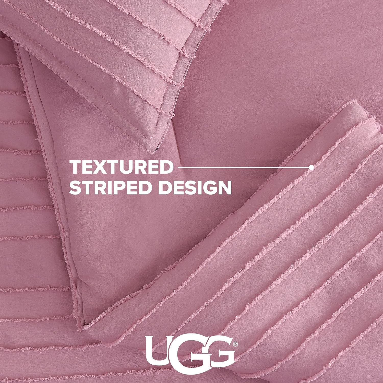 UGG Textured Queen Comforter Set - 3 Piece Striped Reversible Queen Bedding Set with Down Alternative Fill, Stylish Soft & Luxurious Bed Comforter Set, Pink Dusty Orchid (Devon)
