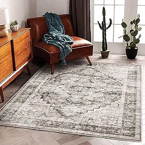 3'x5' Deep Khaki Vintage Washable Thin Area Rug Traditional Floor Cover Foldable Indoor Distressed Non Slip Carpet for Bedroom Living Room Bathroom