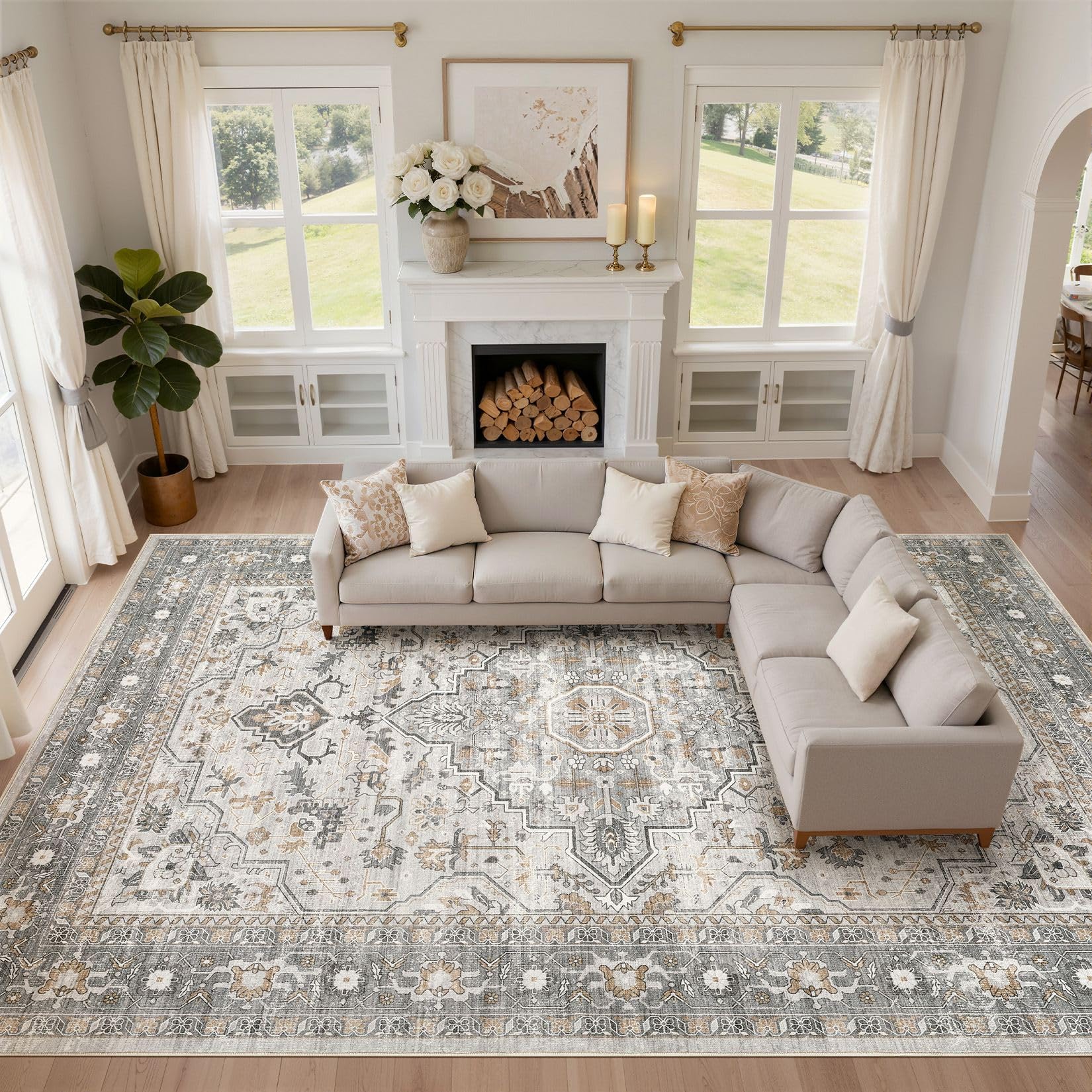 LOONGRUG 10x12 Area Rug Washable Vintage Large Living Room Rug Taupe