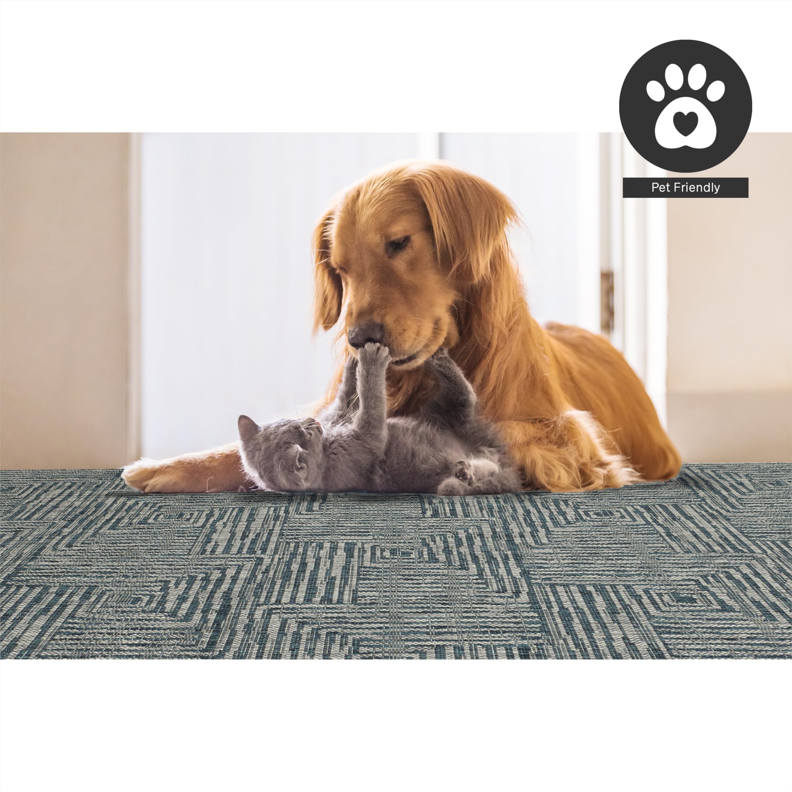 FH Home Tappeto da esterno, impermeabile, facile da pulire, antimacchia, per patio, interno, esterno, veranda, balcone, ingresso, geometrico, moderno, Budapest, colore: acqua, 2,1 m 20,3 x 2,7 m 20,3