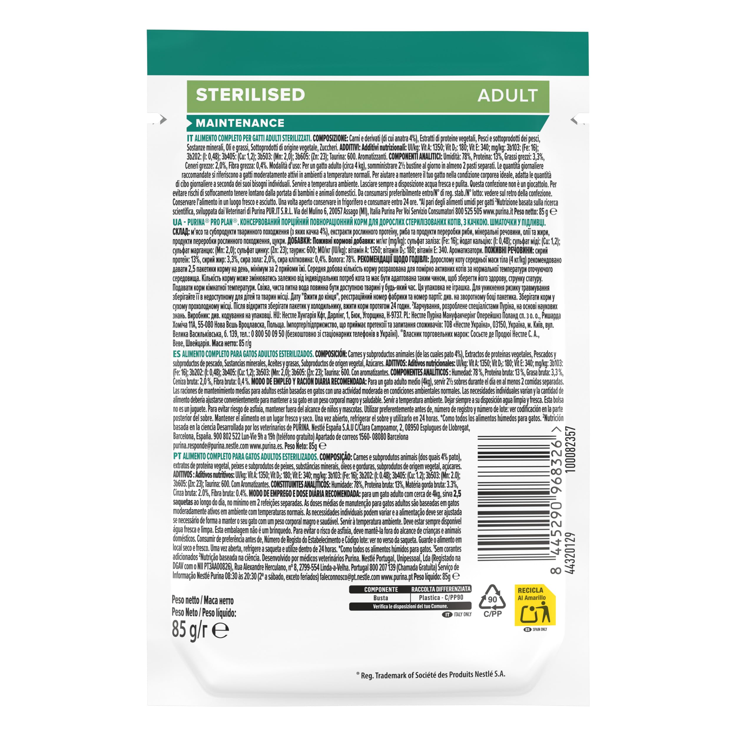 Purina Pro Plan Nourriture Humide pour Chat stérilisé Adulte avec Canard, 26 sachets de 85 g