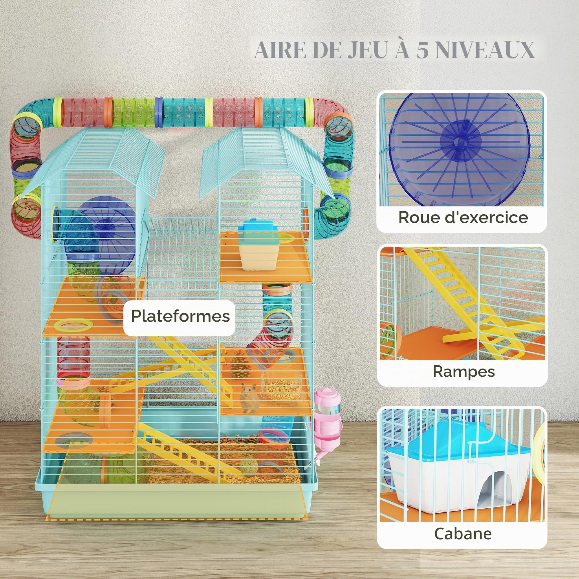 PawHut Cage Hamster 18.5", 5 niv., Maison pour Animaux, Rampe, Bleu-Clair | Système de tunnel, Roue d'exercice, Bouteille d'eau, Gamelle