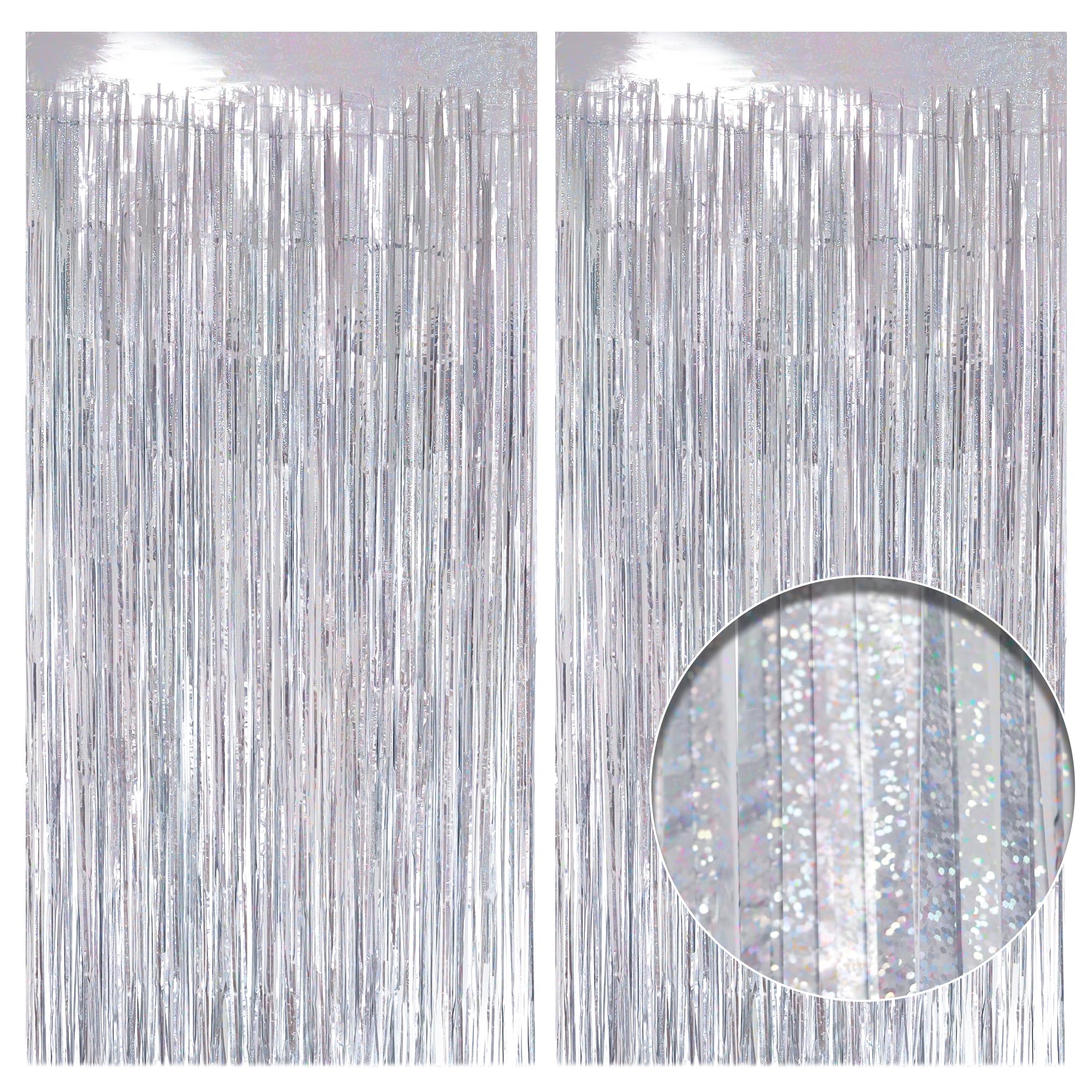 2 Pack Holographic Silver Fringe Backdrop, 3.2x8.2ft Shining Foil Tinsel Curtains, Birthday Party Decorations Door Streamers for Halloween, Christmas,