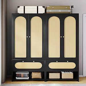 DWVO Rattan Armoire Wardrobe Closet Set of 2-70" Tall Rattan Closet with 4 Doors and 2 Drawers, Large Armoire Storage Cabinet with Drawers & Hanging Rod/Bedroom Armoire- Black
