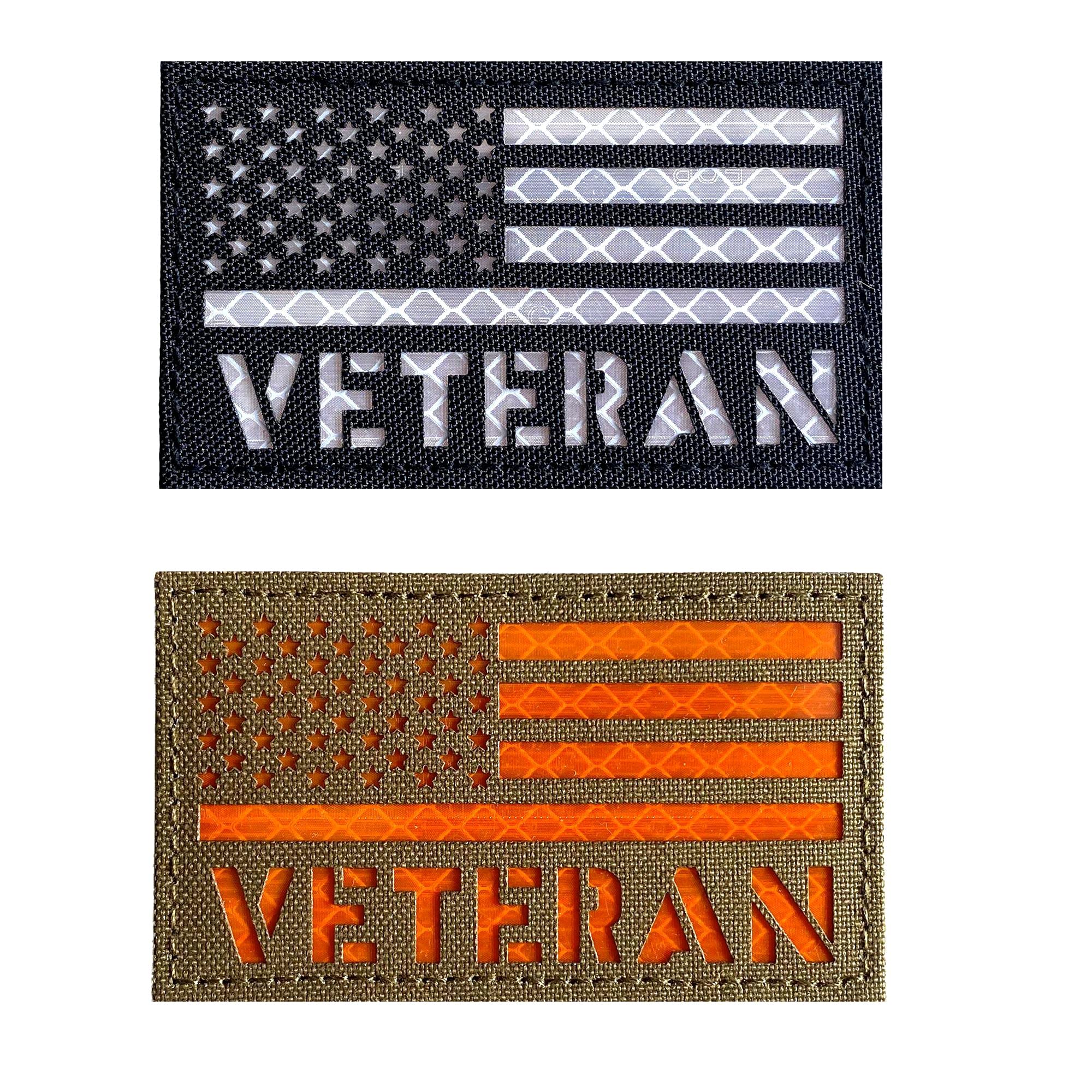 2x3.5 Reflective 2 Pcs Veteran Patch USMC Army Veteran Flag Patch for Tactical Cap Hat Vest Hook-Fastener Backing