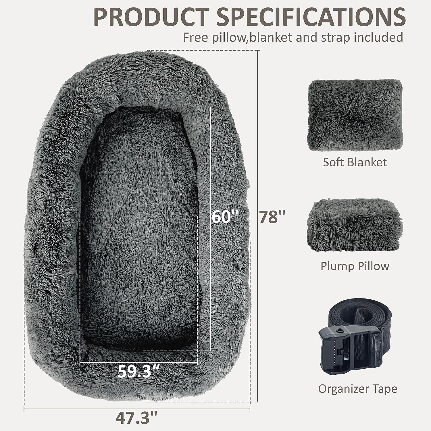 78" Human Dog Bed for Adult, Giant Orthopedic Memory Foam Dog Sofa Bed, Large Oversize Washable Faux Fur Pet Couch with Plump Pillow, Blanket, Strap - Dark Grey