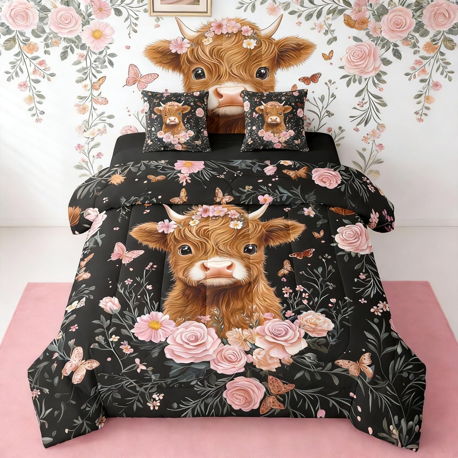 Feelyou Highland Cow Comforter Set with Sheets, Pillowcases & Cushion Cover Kids Highland Cattle 7 Piece Bedding Set Twin Size Animal Bed in a Bag for Women Men Room Decor Microfiber Western Decor