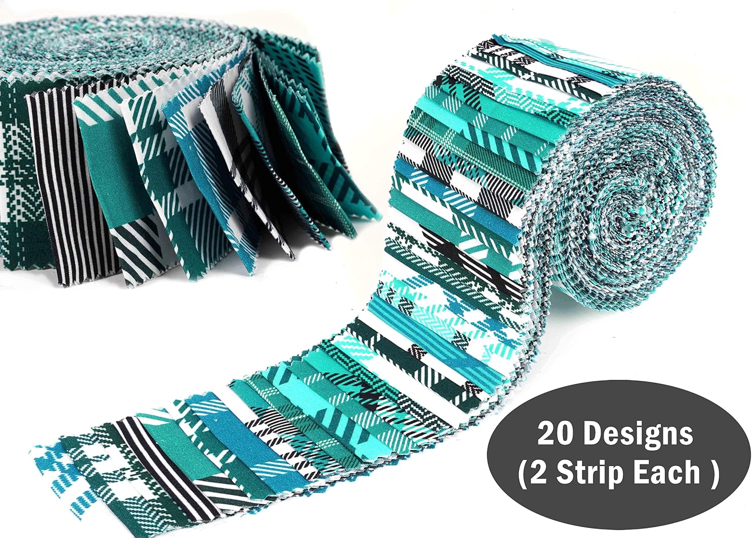 Soimoi 40Pcs Check & Tartan Print Cotton Precut Fabrics for Quilting Craft Strips 2.5x42inches Jelly Roll - Teal Blue