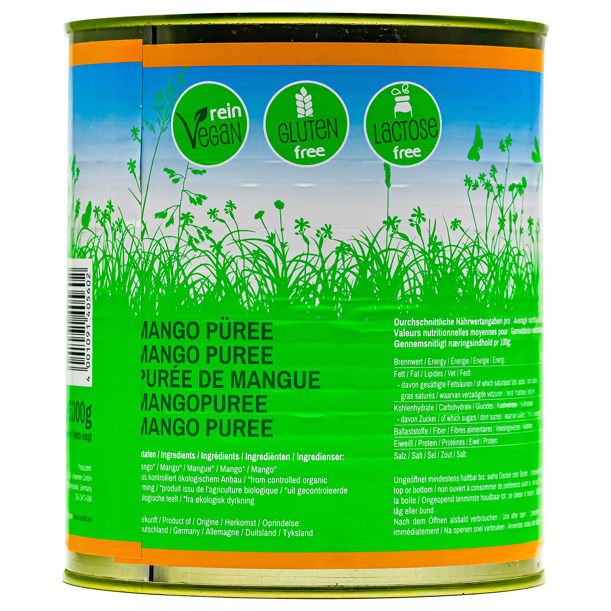 reinBIO BIO Mango-Püree - 5x 3kg Dose - pürierte Mango indisches Obst-Püree Mango fruchtige Mango Mangofrucht Mangomark Obstkonserve vegan glutenfrei schonend verarbeitet ungezuckert ohne Zusätze