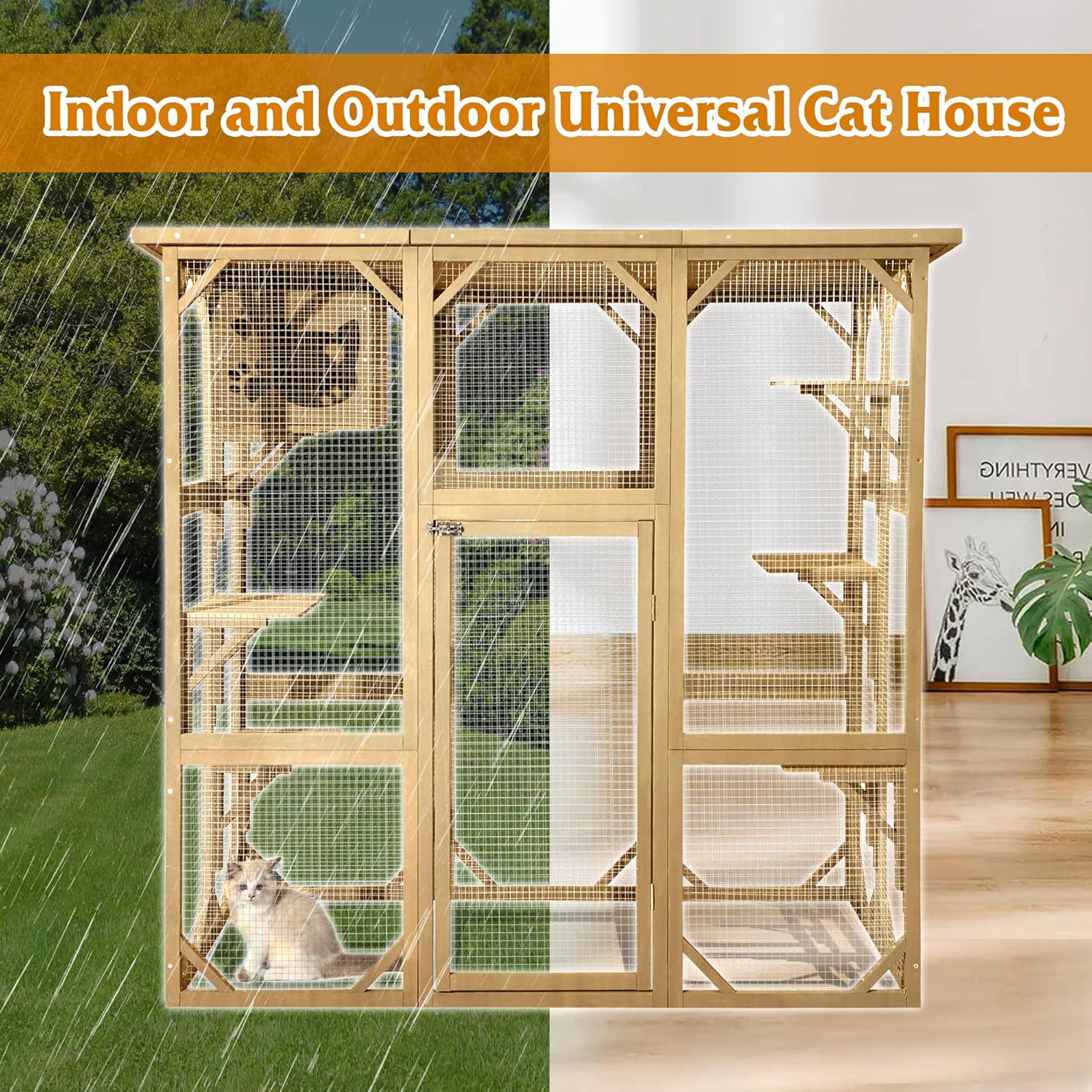 Grepatio Cat Enclosure Large Outdoor Catio Wooden Cat House with Weatherproof, Cat Cage Condo Indoor Playpen with Platform and Small House (Natural)
