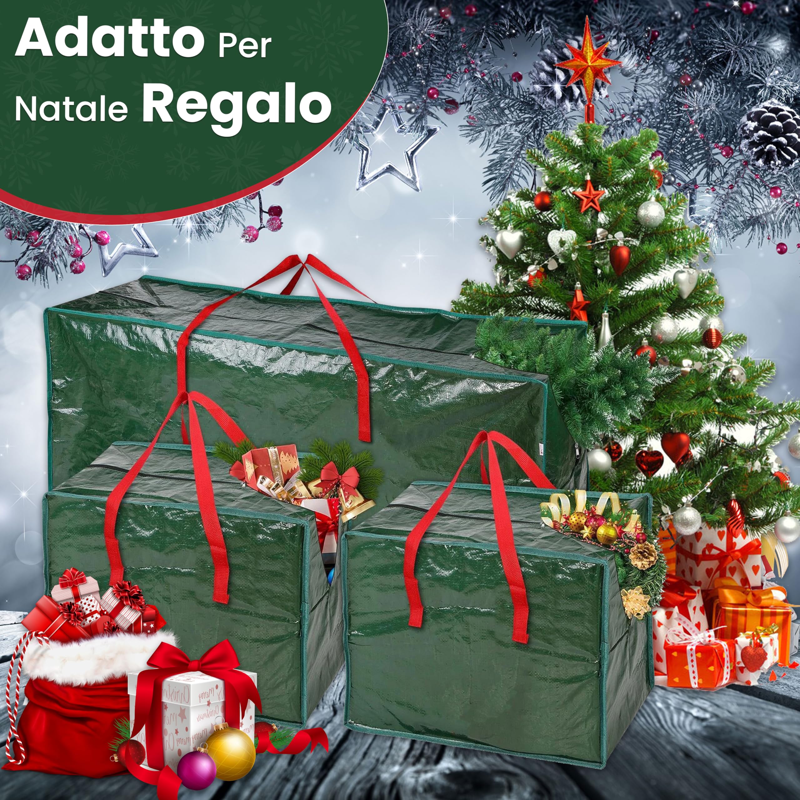 Borsa portaoggetti per alberi di Natale – Adatta ad alberi artificiali fino a 7,5 piedi – Set da 3 pezzi con 2 borse decorative – Maniglie rinforzate resistenti e cerniera