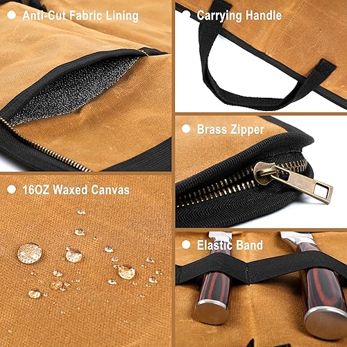 Vista 22 de Kaaltisy Bolsa para cuchillos de chefs, 16 onzas, lona encerada con tela profesional anti corte (verde oscuro) – Estuche multiusos para cuchillos
