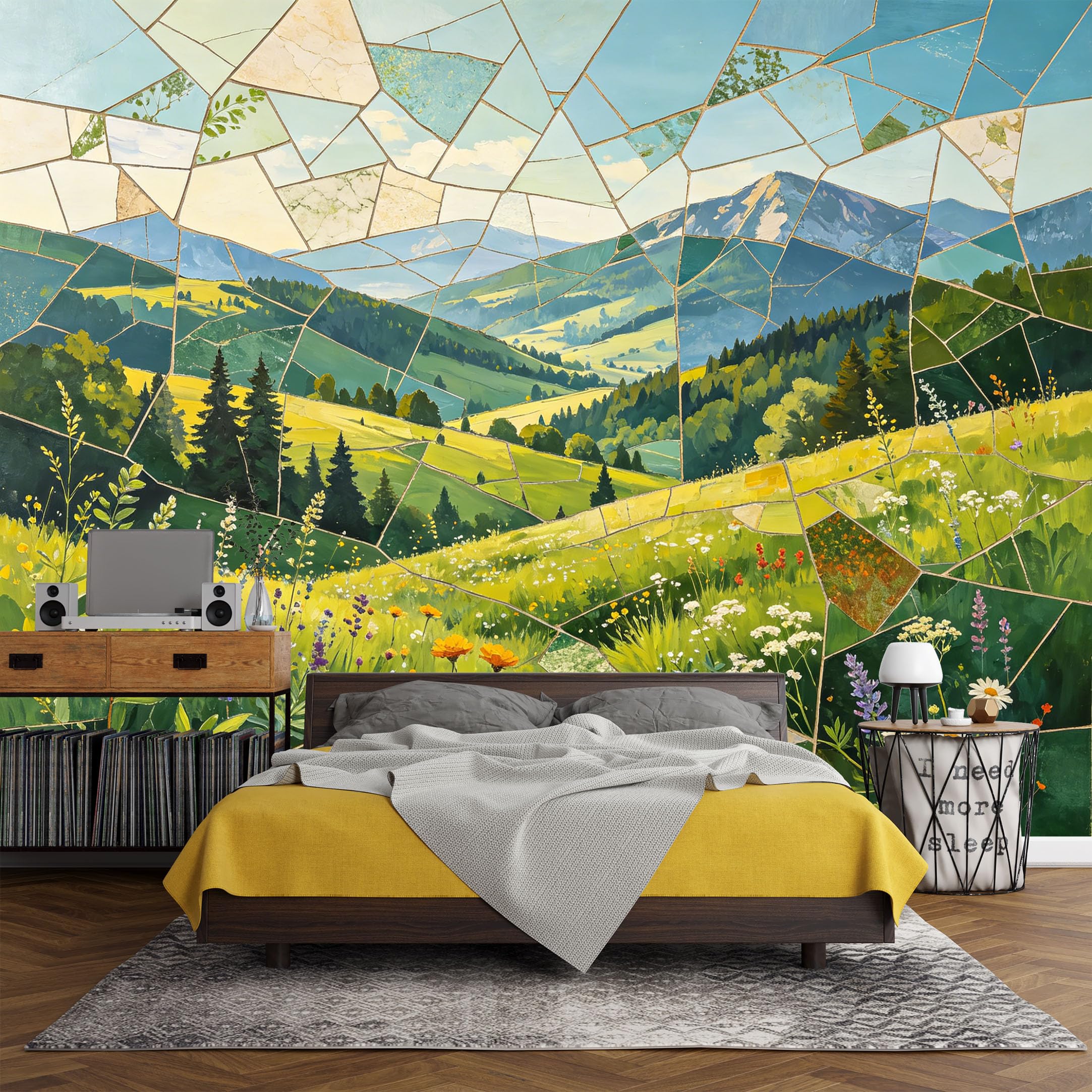 Custom Size Wall Mural， Landscape Mountain Meadow Wildflowers Green Valley View Textured Art，SelfAdhesive Art Prints wall Fabric (No PVC) Removable Wallpaper Living Room Decor