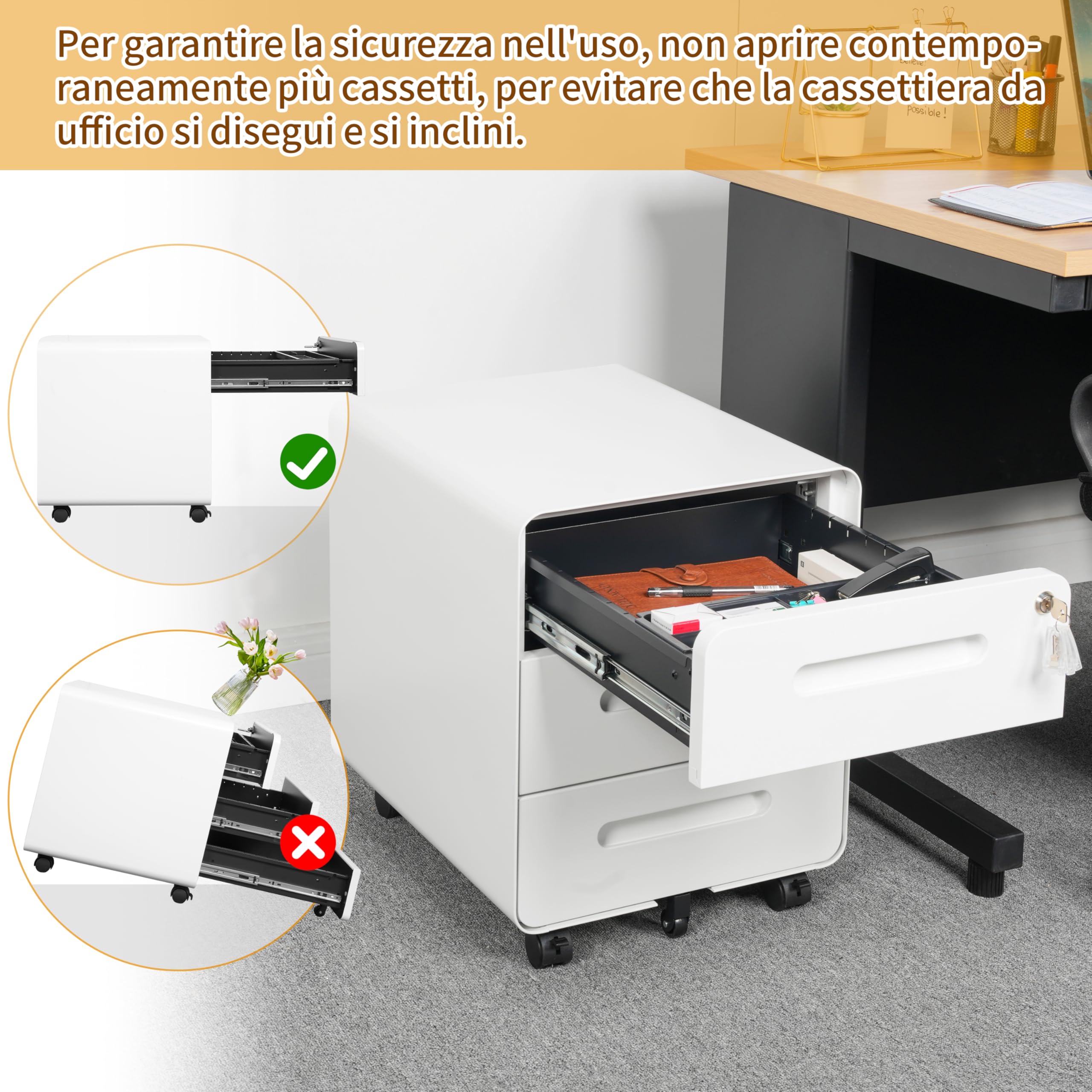 Cassettiera per Ufficio con 3 Cassetti, Design con Angoli Arrotondati, Schedario da Ufficio Bloccabile, Completamente Assemblata, Bianco