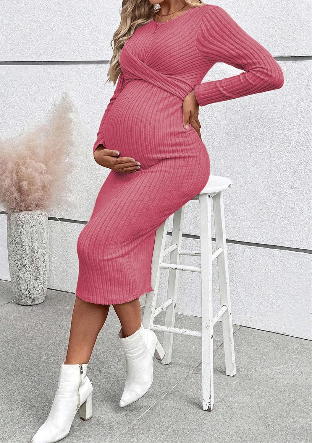 Women's Stretch Maternity Dress Knit Ribbed Photoshoot Bodycon Dresses for Baby Shower