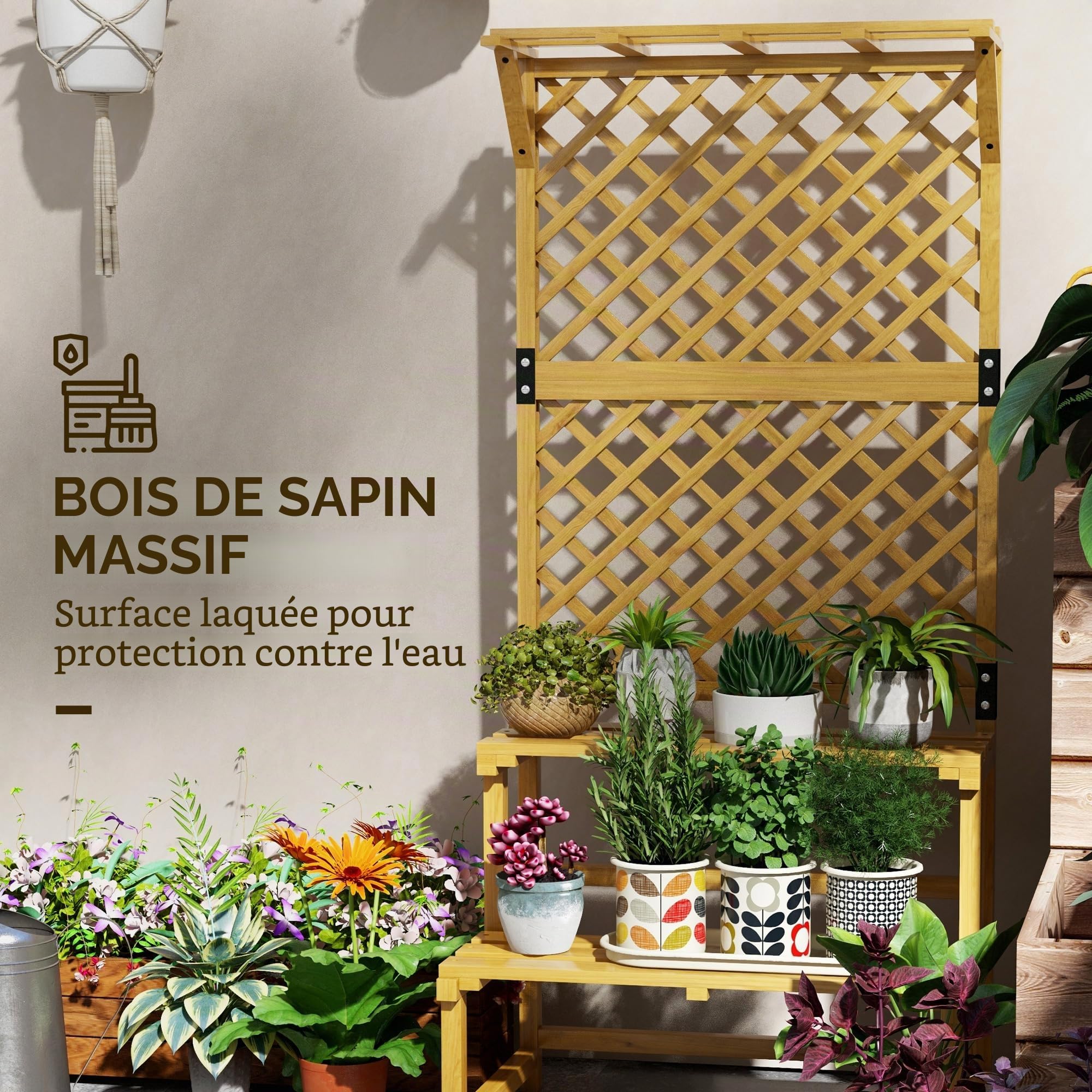 Outsunny Escalier à fleurs avec tuteur, 2 marches, toit, escalier pour plantes d'intérieur et extérieur, support de fleurs en bois, étagère à fleurs à plusieurs étages pour jardin, balcon, 75 x 50 x