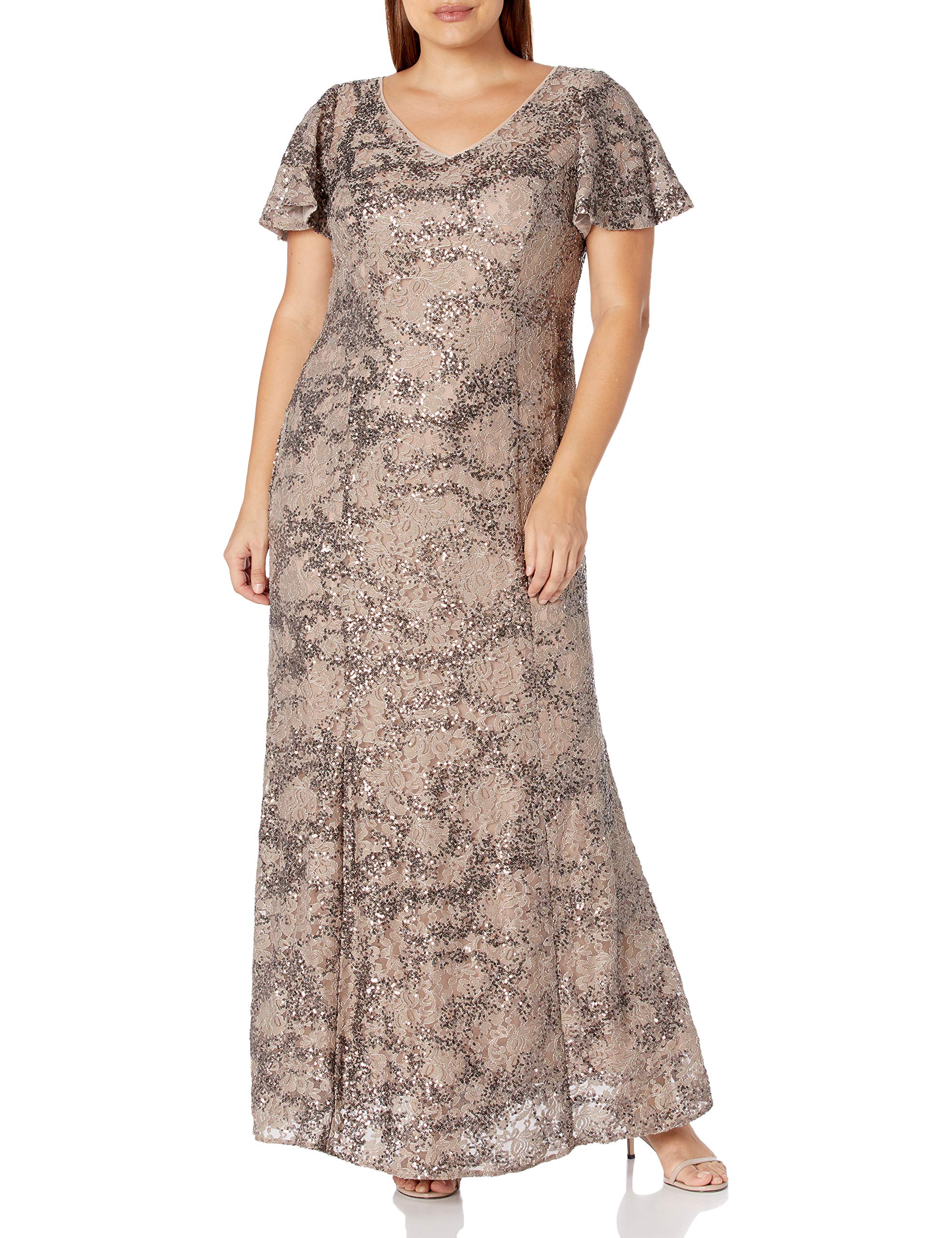 Alex Evenings Womens Long Length A-line Sequin Lace V-Neck Mother of The Bride Dress, Formal Event Gown with Short Sleeves: 16 Plus Taupe