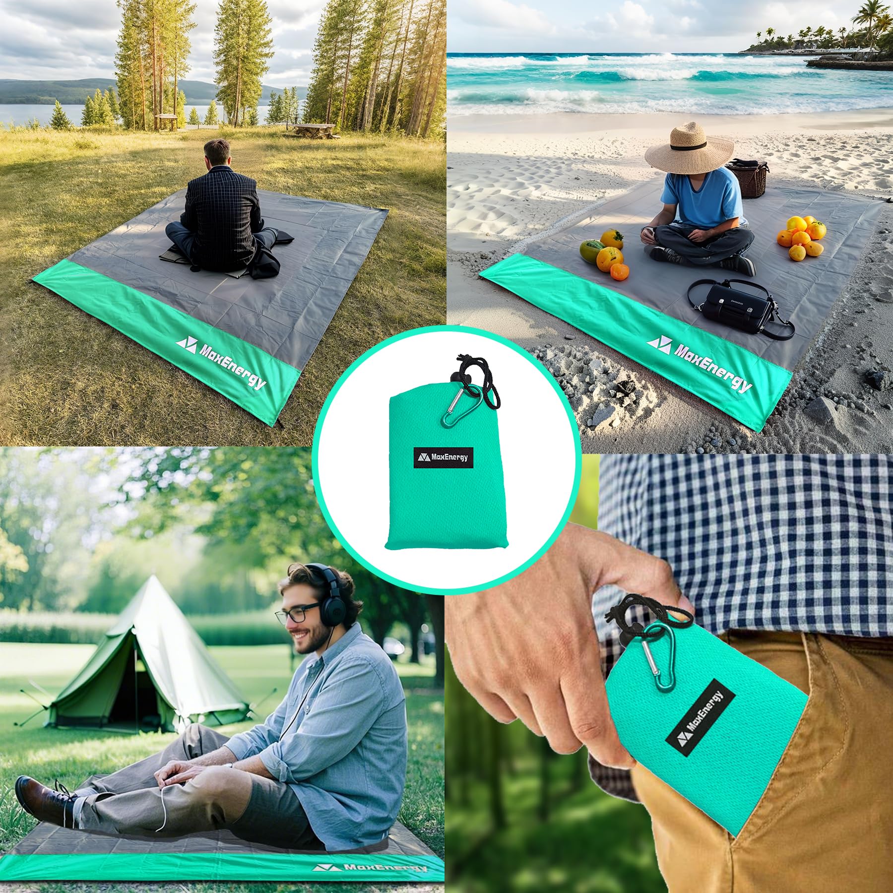 MaxEnergy Koc piknikowy na kemping, podróż, plażę, lekki koc piknikowy z torbą i palikami (140 x 152,4 cm, zielony)