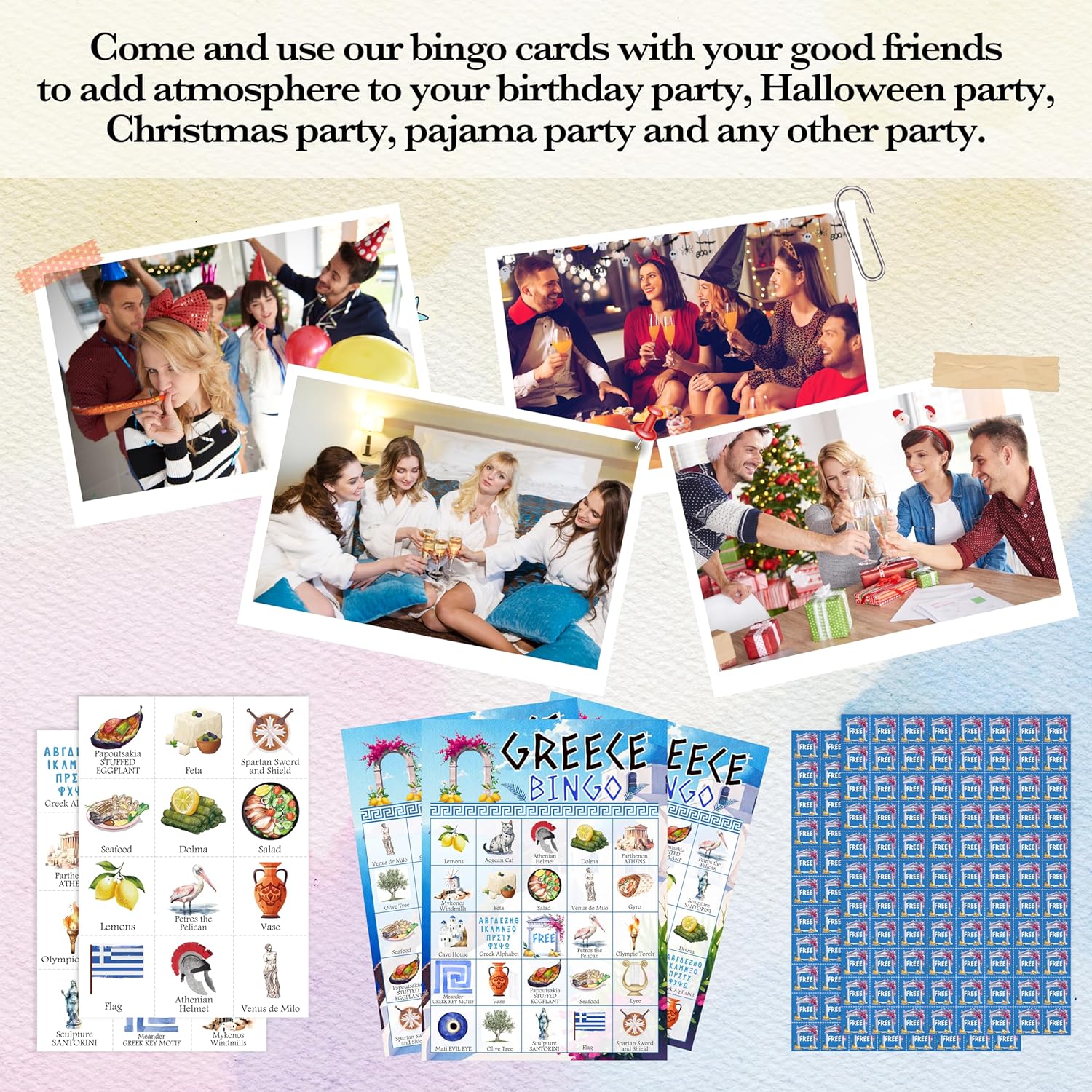 Greek Bingo Games, Greek History Travel Trip Bingo Cards, Retirement Journey Trip Party Bingo, Greek Theme Party Game for Adults Family, Christmas Party Activities, 24 Bingo Sets, A009