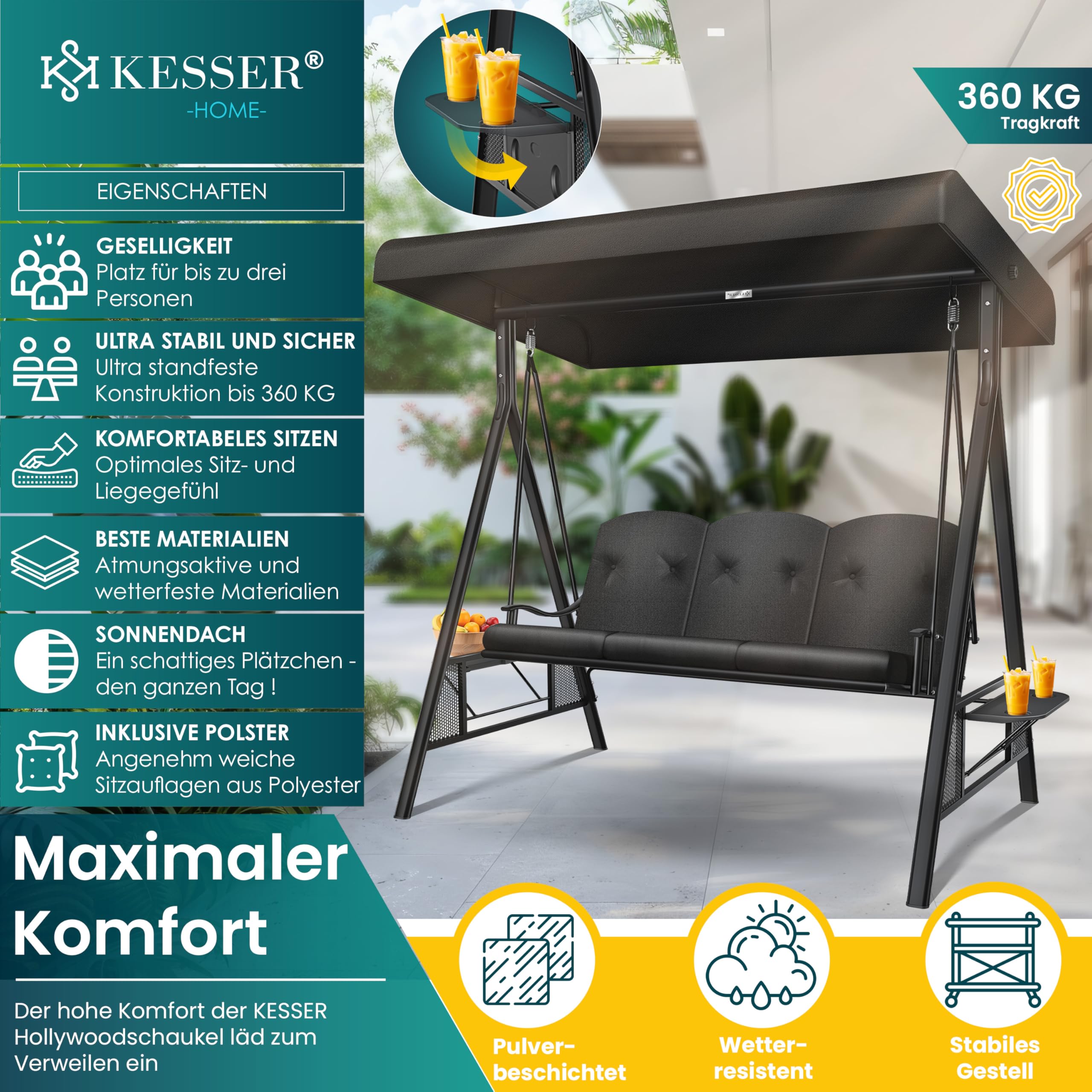KESSER® Hollywoodschaukel mit Sonnendach 3-Sitzer & Sitzpolster-Auflage | Gartenschaukel bis 360kg belastbar | Gartenliege mit Anti-Rutsch-Füßen | Schaukelbank wasserabweisend für Outdoor & Indoor