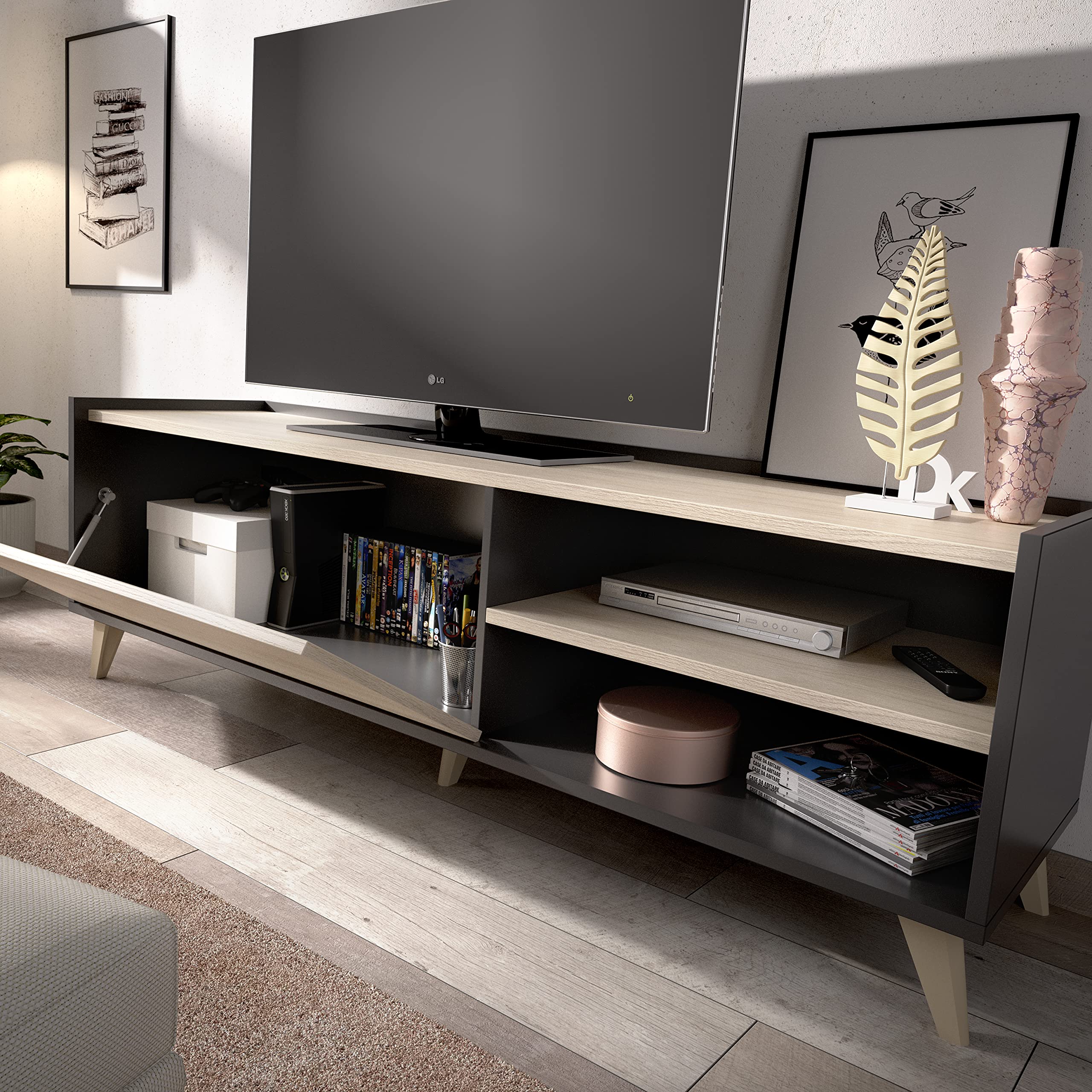 DeKit Ness TV Modulo Basso, Truciolare, Bianco/Naturale, Lucido