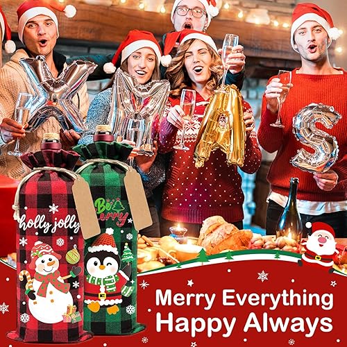 Miniatura 6 de Aoonby 12 bolsas de arpillera para vino, bolsas de regalo de vino de Navidad para botellas, bolsas de botellas de Navidad a cuadros con cordón