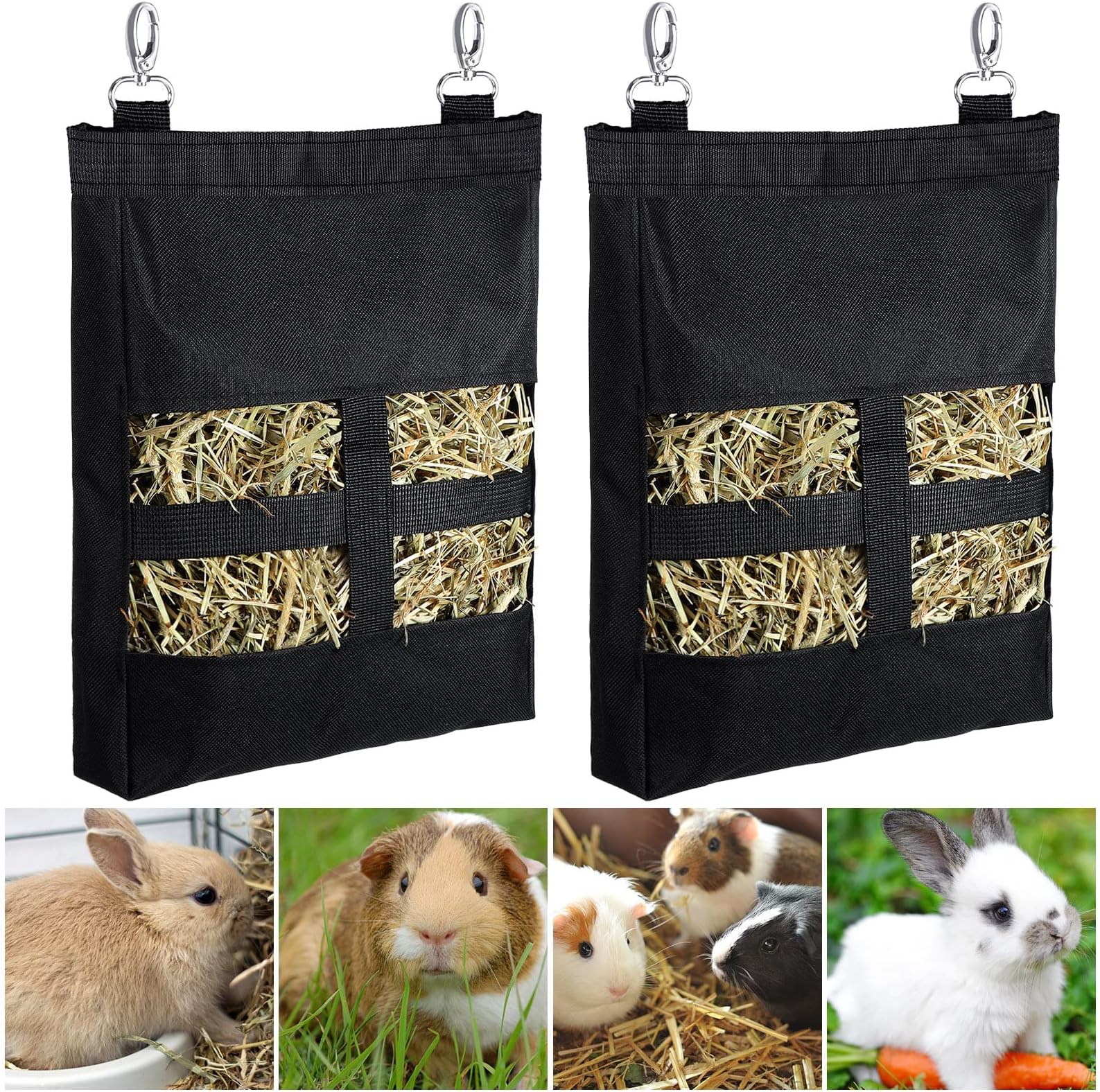 Frienda 2 Pcs Guinea Pig Hay Bag 11 x 9.1 Inch Guinea Pig Hanging Hay Feeding Bag Storage Dispenser for Chinchilla Hamster Bunny Small Animal Pet(Black)