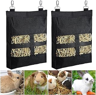 2 Pieces Guinea Pig Hay Bag Rabbit Feeding Bag Small Animal Hay Feeder Bag Hanging Feeder Sack for Rabbit Guinea Pig Chinchilla Hamsters Small Animals Hay Storage (Black)