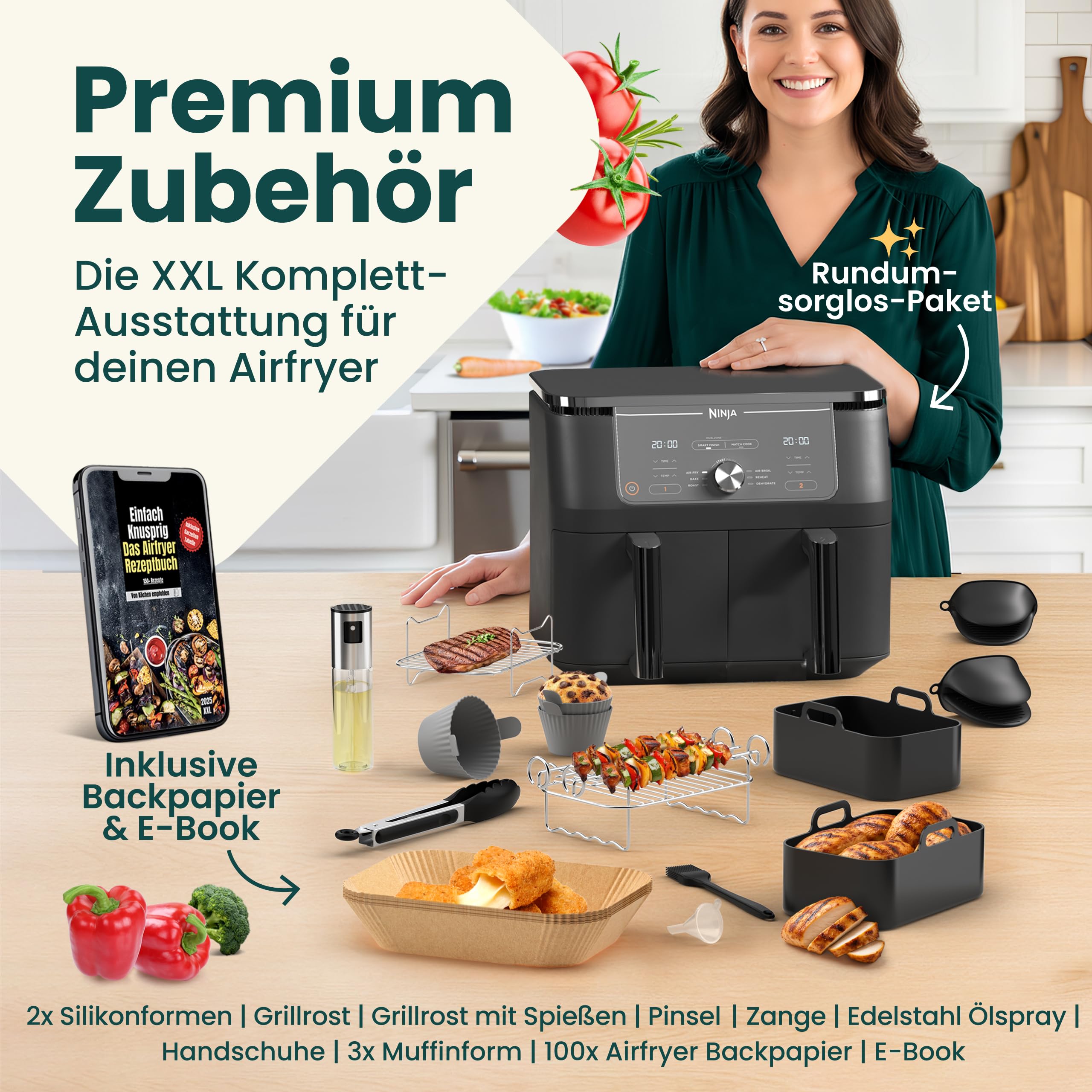 Ninja - Accesorio para freidora de aire caliente Ninja AF400EU 7,6 – 9,5 l, ajuste exacto y silicona más gruesa, libro electrónico con 150 recetas, accesorios para freidora de aire