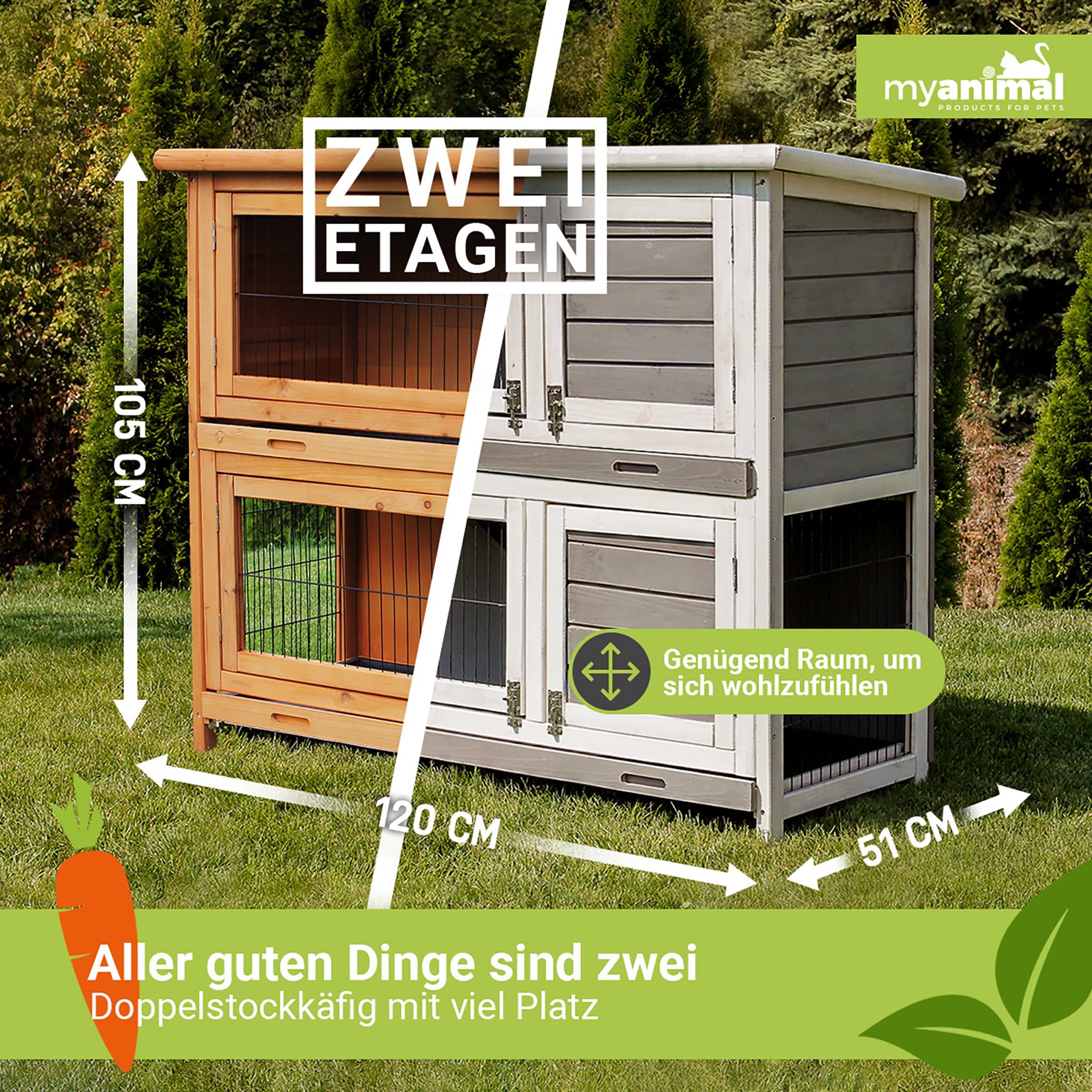 MyAnimal Hasenstall MH-20 | 120x51x105 cm - Kaninchenstall mit Freilaufgehege - Doppelstockhaus 2 Ebenen - Hasenkäfig - Holz imprägniert - Kaninchenkäfig Winterfest - Indoor & Outdoor (Braun)