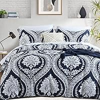 Vista 9 de PERHOM Funda de edredón azul Queen – Funda de edredón de damasco de cachemira tamaño Queen, juego de funda de edredón de 3 piezas, 100% algodón
