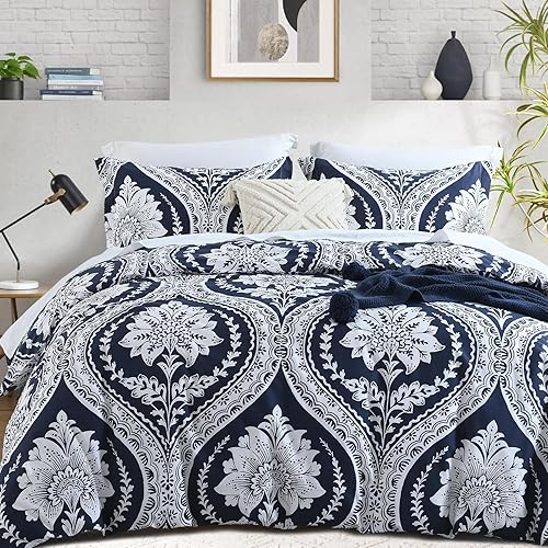 Vista 29 de PERHOM Funda de edredón azul Queen – Funda de edredón de damasco de cachemira tamaño Queen, juego de funda de edredón de 3 piezas, 100% algodón