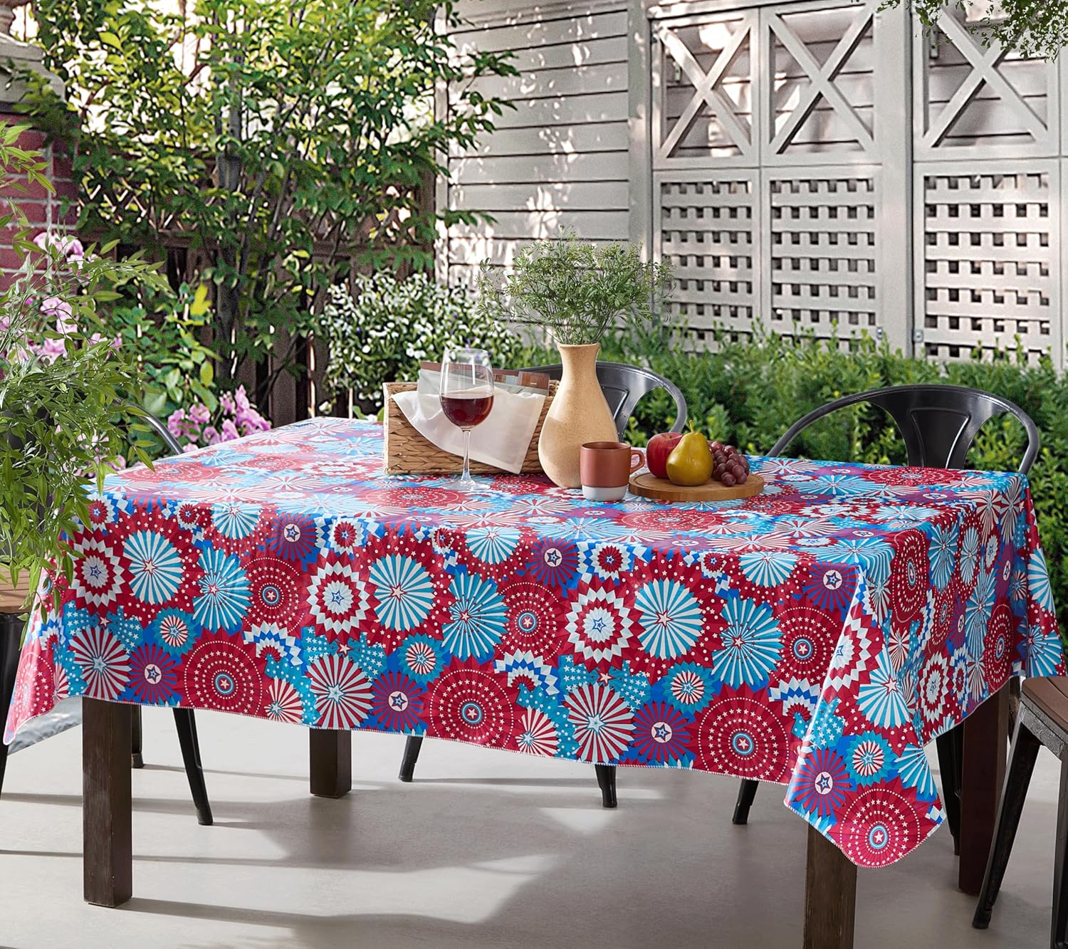 Newbridge Rectangle Vinyl Tablecloth with Flannel Backing, 60 x 102 Inch, USA Pinwheel, Indoor/Outdoor Vinyl Table Cover, Red, White and Blue Celebration