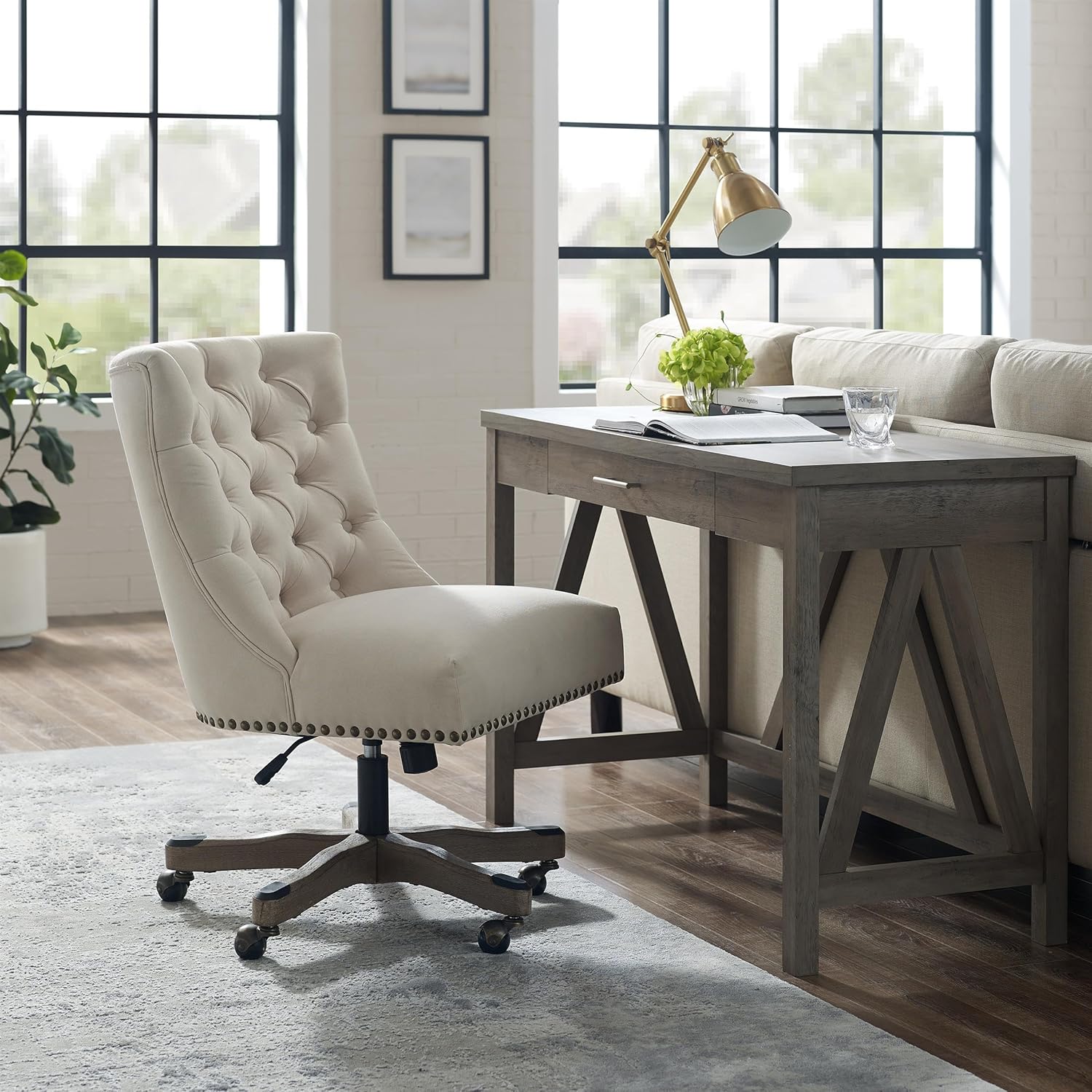 Linon Dixie Wood Upholstered Tufted Rolling Office Chair in Natural Beige
