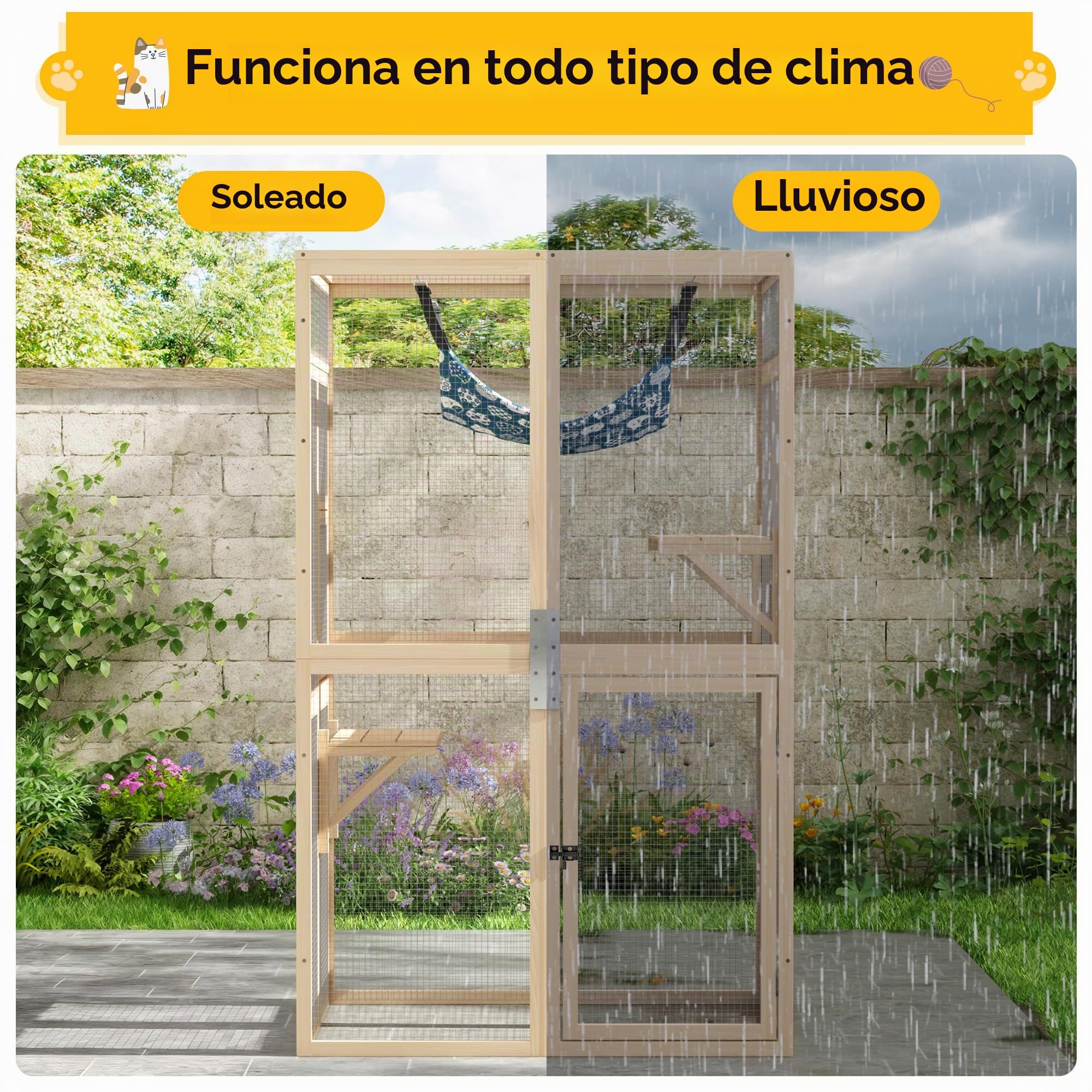 Recinto para gatos de 100 × 85 × 162 cm, resistente a la intemperie, para exteriores, casa para gatos Catio para balcón y jardín, recinto de madera con toldo, 3 niveles y hamaca