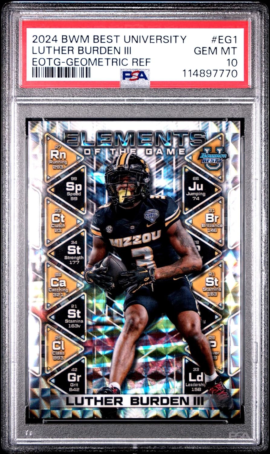 Graded 2024 Topps Bowman Best University Luther Burden III #EG1 Elements of the Game Geometric Refractor Rookie RC Football Card PSA 10 Gem Mint