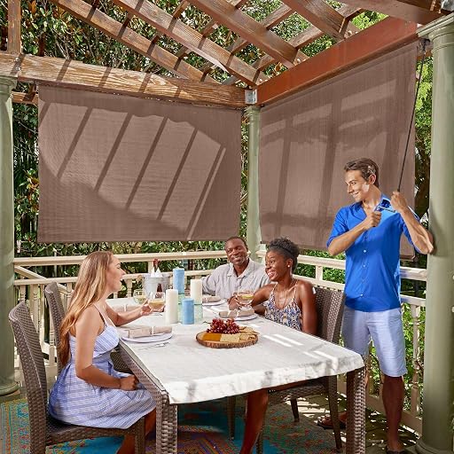 Coolaroo Outdoor Roller Shade with Wand - 95% UV Block Breathable Light Filtering Shade for Patio or Porch, Fade-Resistant, Easy-Clean Fabric, 10ft x 8ft, Walnut