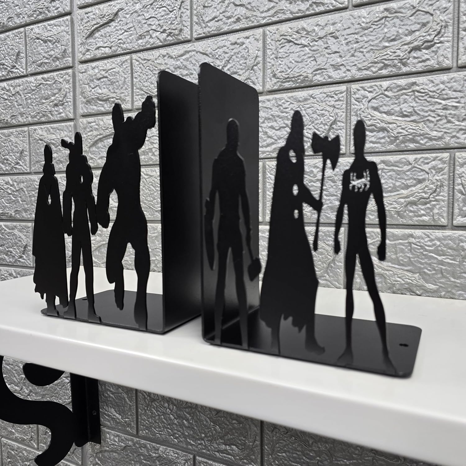 Superhero Metal Bookends, 8 inch Height, 11 inch Width, 4 inch Depth, Black Powder Coated, 3 lbs, Decorative Bookends for Shelves
