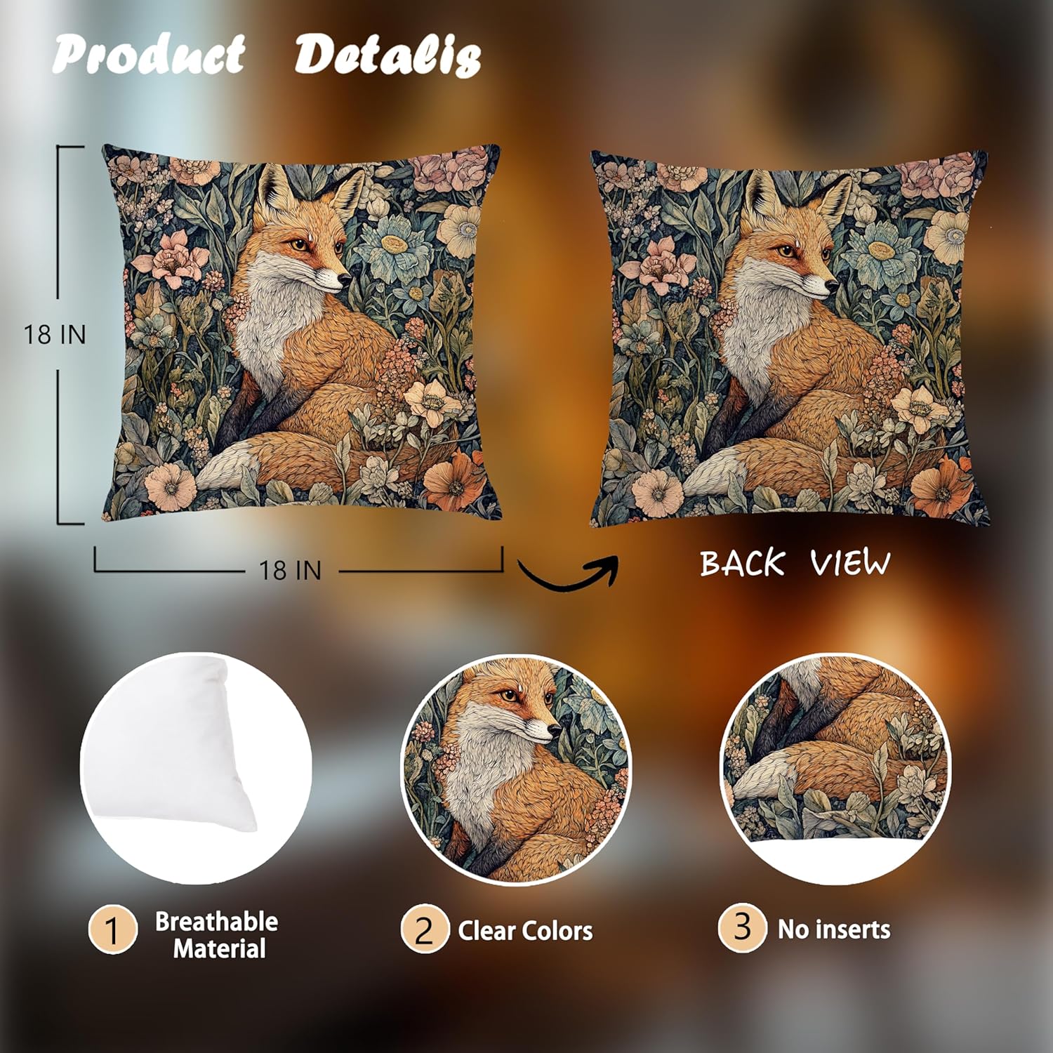 Cottagecore William Morris Inspired Fox Floral Print Pillow Covers 18x18,Vintage Fox Animal Floral Decorative Throw Pillow Covers for Home Bedroom Living Room - Image 2