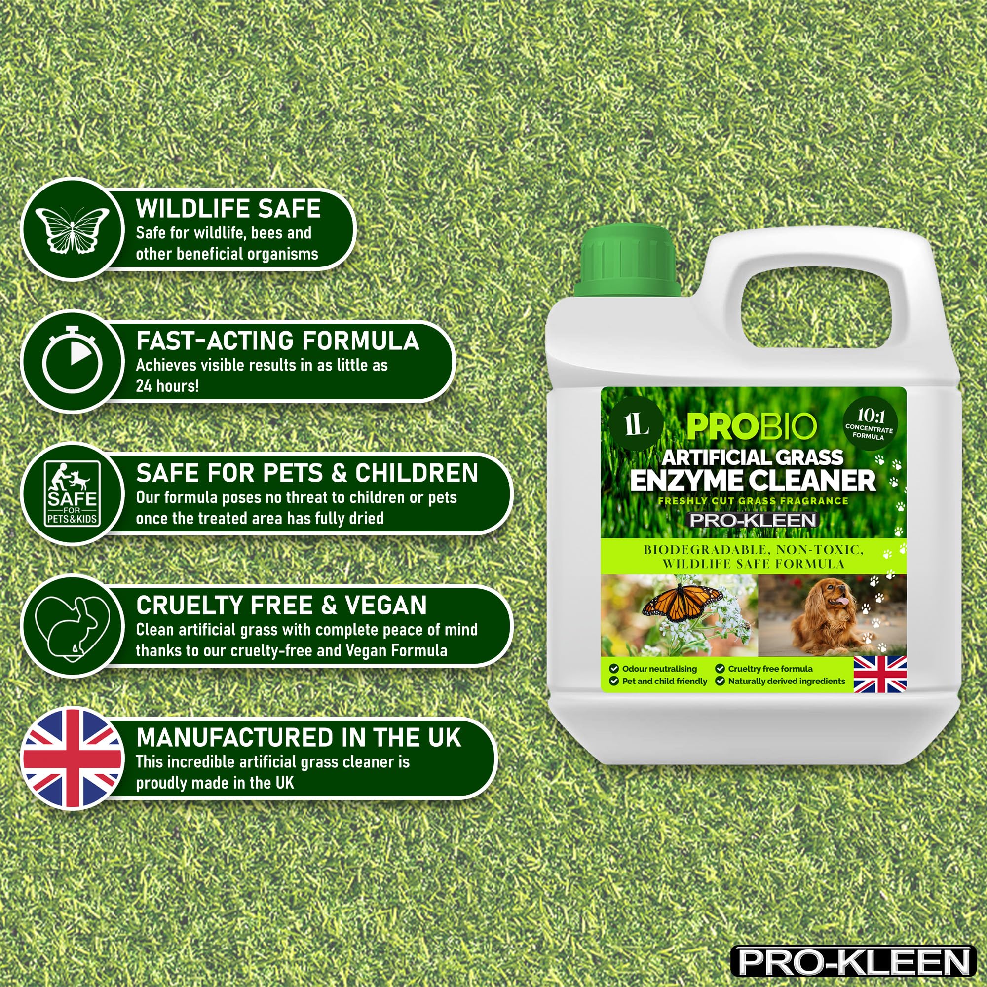 Pro-Kleen ProBio Artificial Grass Cleaner Probiotic Based Deodoriser Odour Eliminator 1L Non-Toxic Cruelty-free Child Pet Friendly. Fresh Cut Grass fragrance. Naturally derived Probiotic Cleaning - Image 2