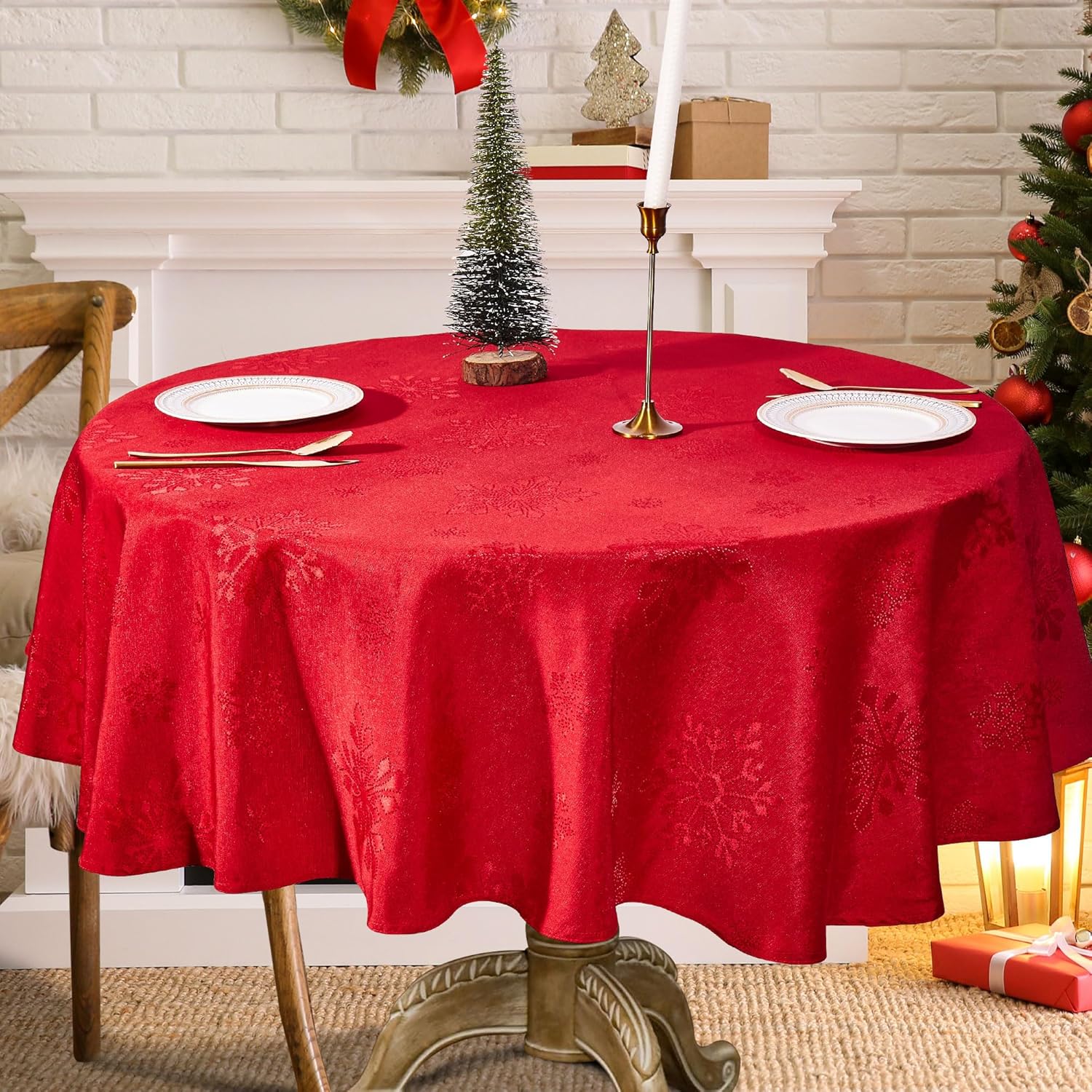 ARIDUR Round Christmas Tablecloth with Snowflake Decorations,Red