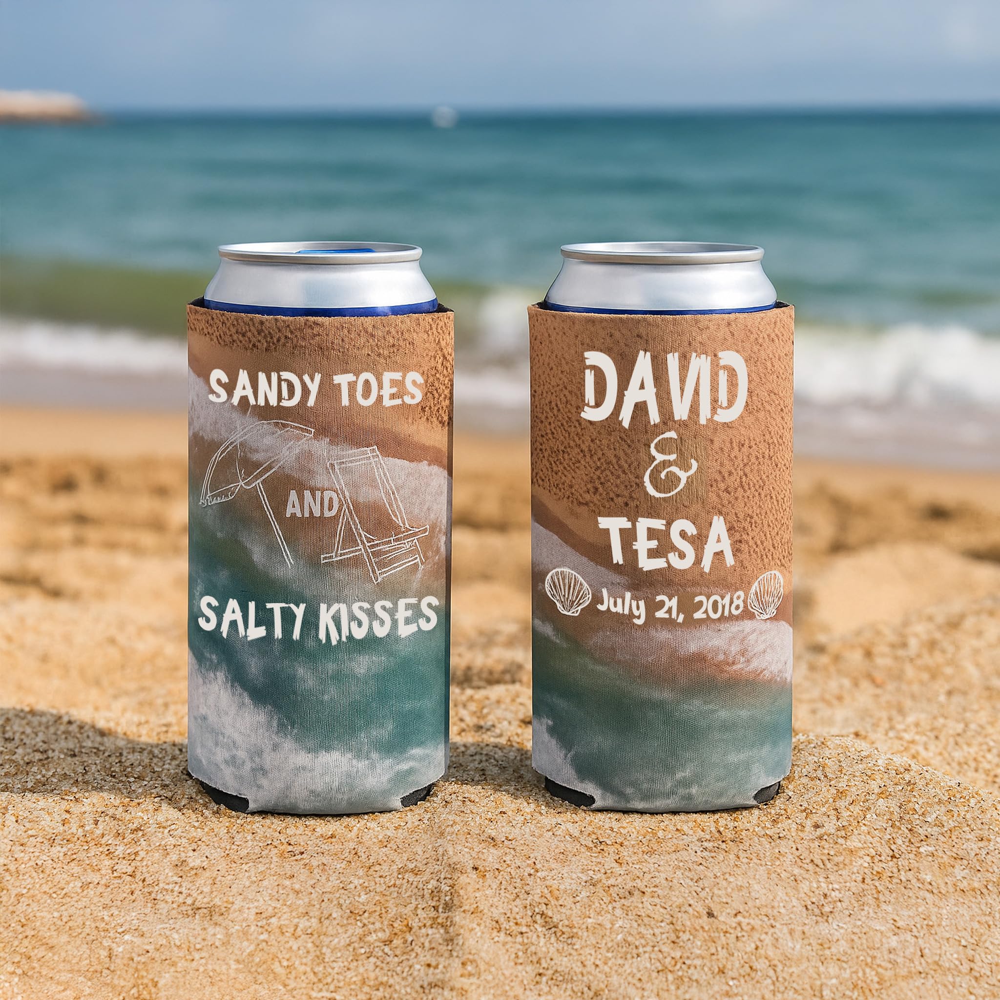 Custom Beach Wedding Can Coolers – “Sandy Toes and Salty Kisses” Design – Personalized Drink Sleeves for 12oz Cans – Set of 25 Foldable Coolers – Skinny Size – VictoryStore Party Favors