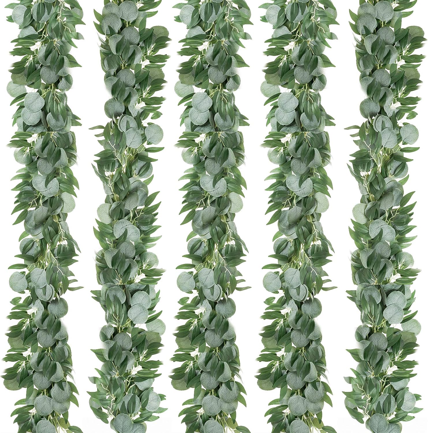 Joyhalo 5 Pack Artificial Eucalyptus Garland with Willow Leaves Fake Hanging Greenery Vines for Wedding Table Runner Doorways Indoor Outdoor Decoration
