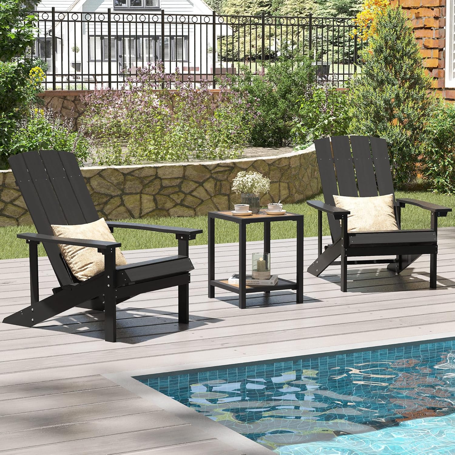 Outdoor Side Table, End Table for Patio,15.8" Solid Side Table for Pool, 2-Tier Sturdy and Weather Resistant, Backyard & Lawn, Black