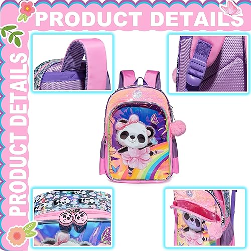 Vista 4 de Mochilas para niñas y niños, mochila escolar bonita para la escuela, mochila escolar ligera con lonchera, rosado (Pink Panda), Mochila