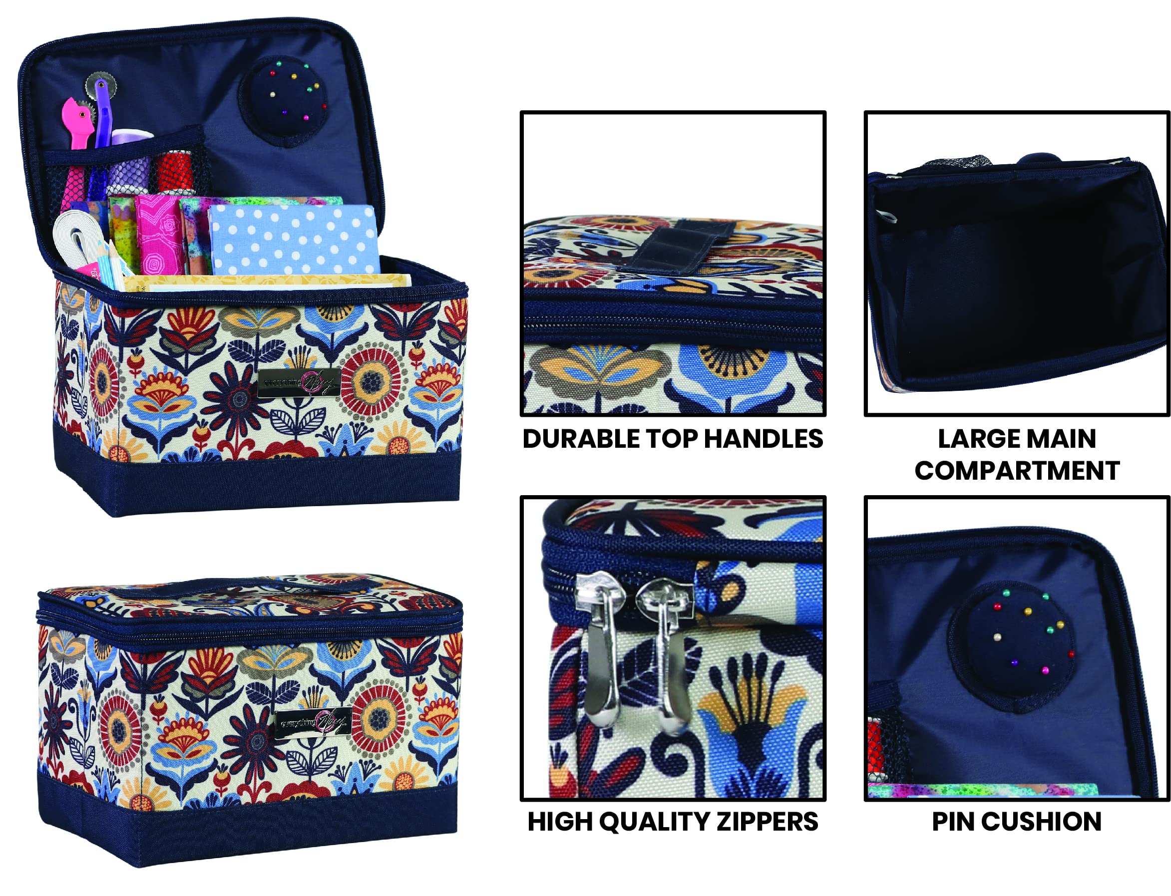 Caja de costura Everything Mary con compartimentos, azul marino y estampado floral multicolor - Cesta plegable para guardar y organizar materiales de costura, accesorios, hilo, agujas y tijeras -
