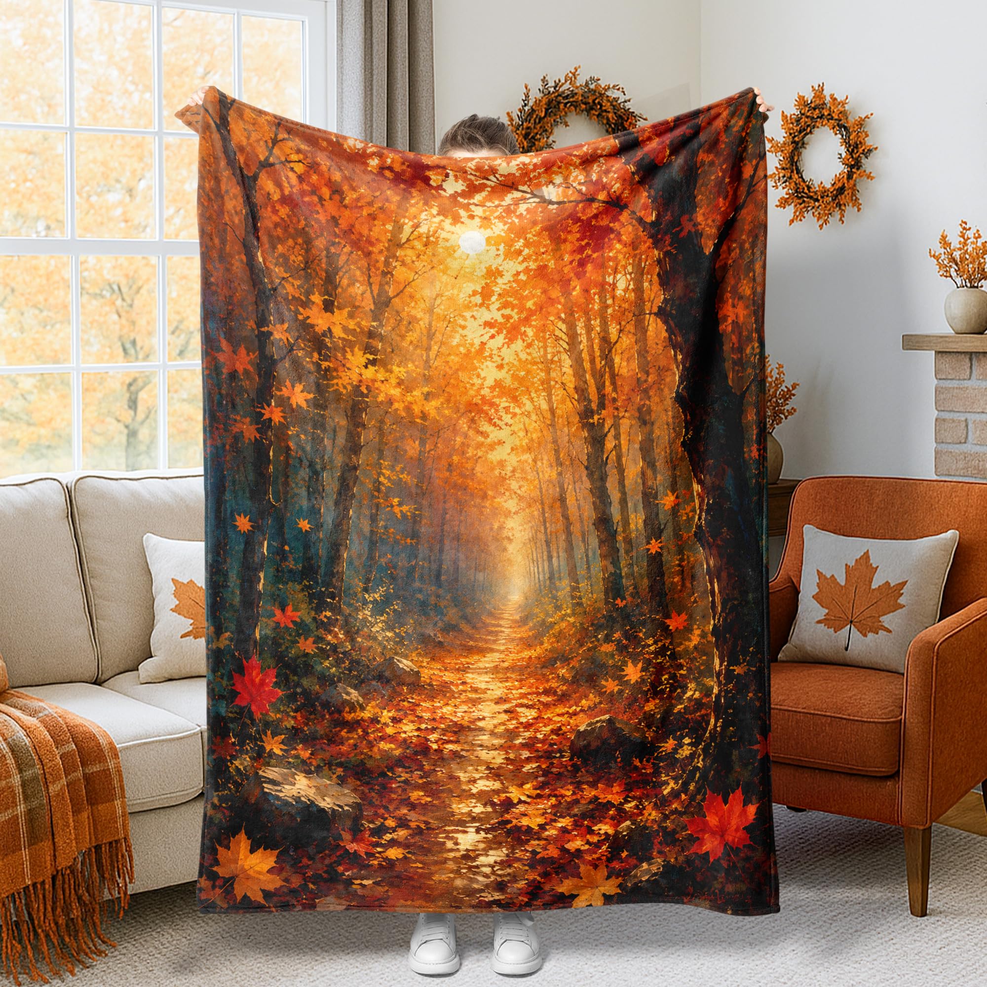Couverture flanelle légère motif feuilles d'érable pour cocooning au bureau